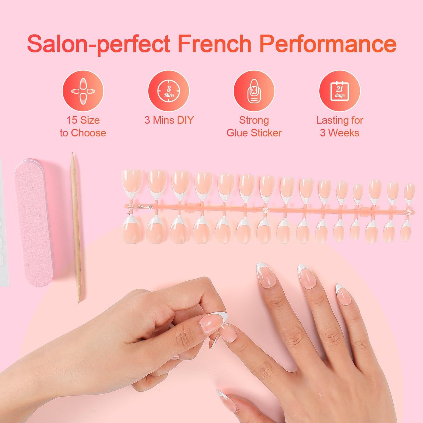 LIARTY 240 Pcs French Press On Nails Short Square, French Tip False Nails Manicure, 15 Size Acrylic Full Cover Artificial Fake Nails (Apricot)