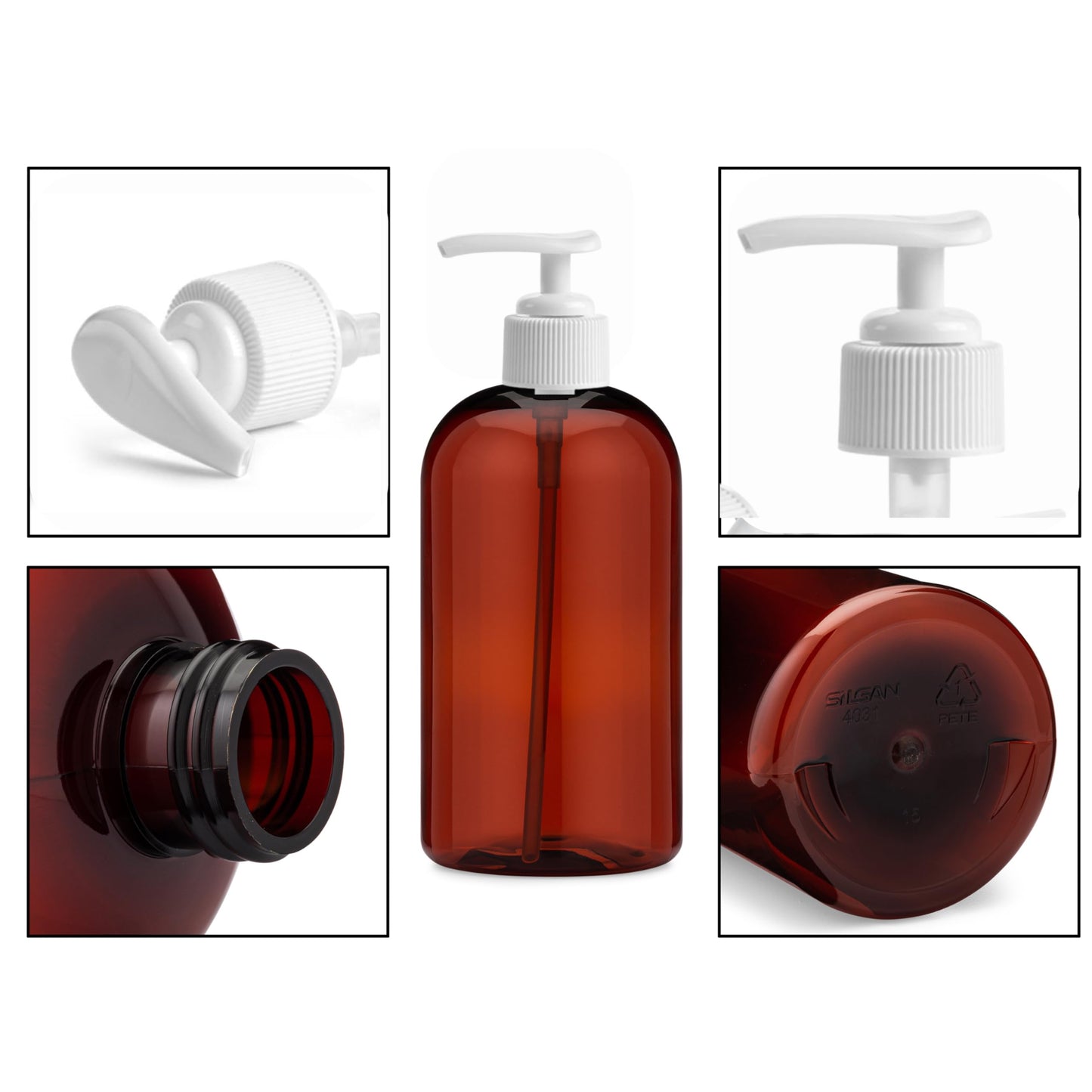 Baire Bottles 16 oz Empty Refillable Plastic Pump Bottles Dispenser 6 Pk PET, BPA Free Refillable Containers Shampoo Lotion Oil Liquid Soap Labels USA (Amber/Brown, White Pumps, Damask Labels)
