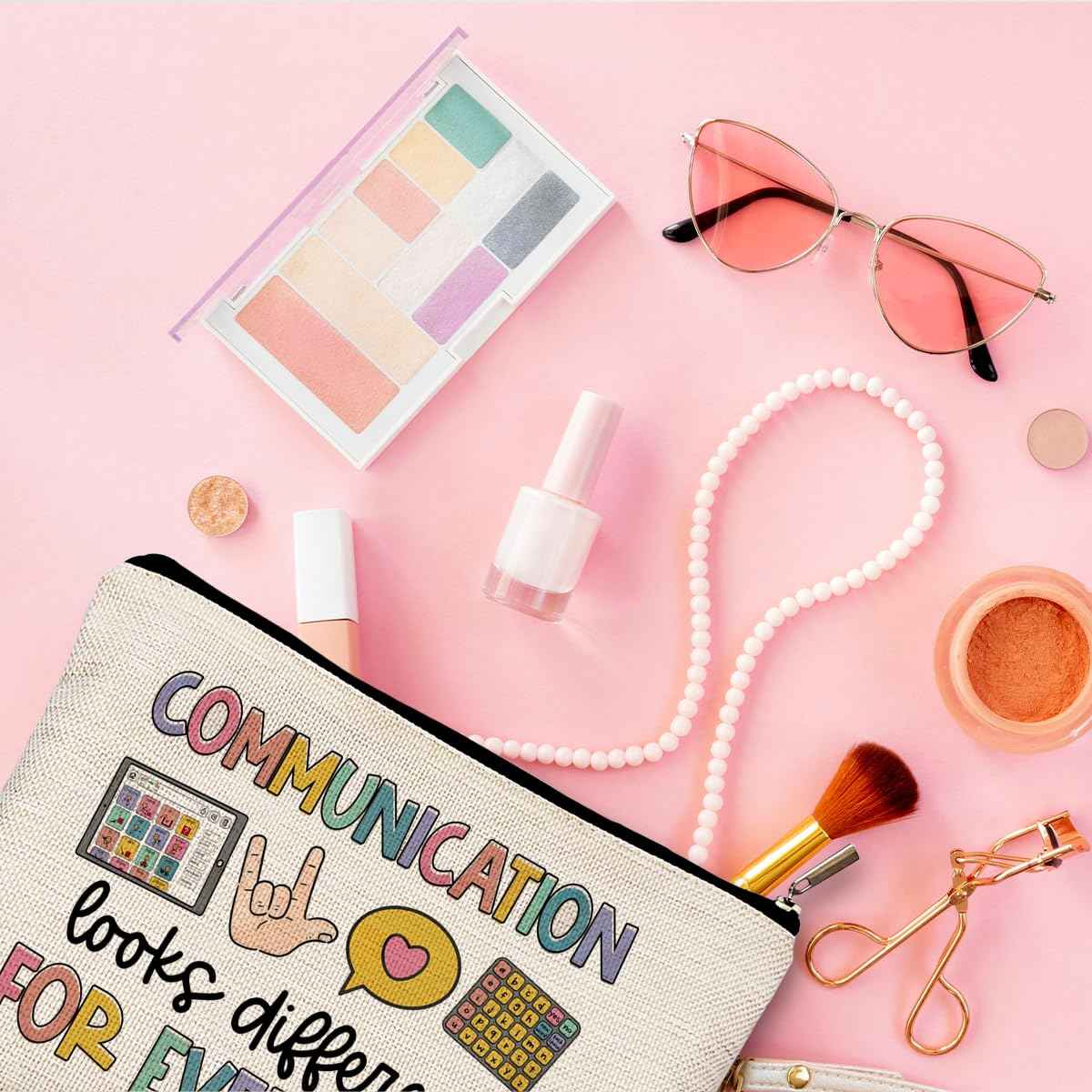 QGFM Makeup Bag for Women - Speech Therapist & SLP Gifts, Communication Looks Different for Everyone Cosmetic Bag for Purse