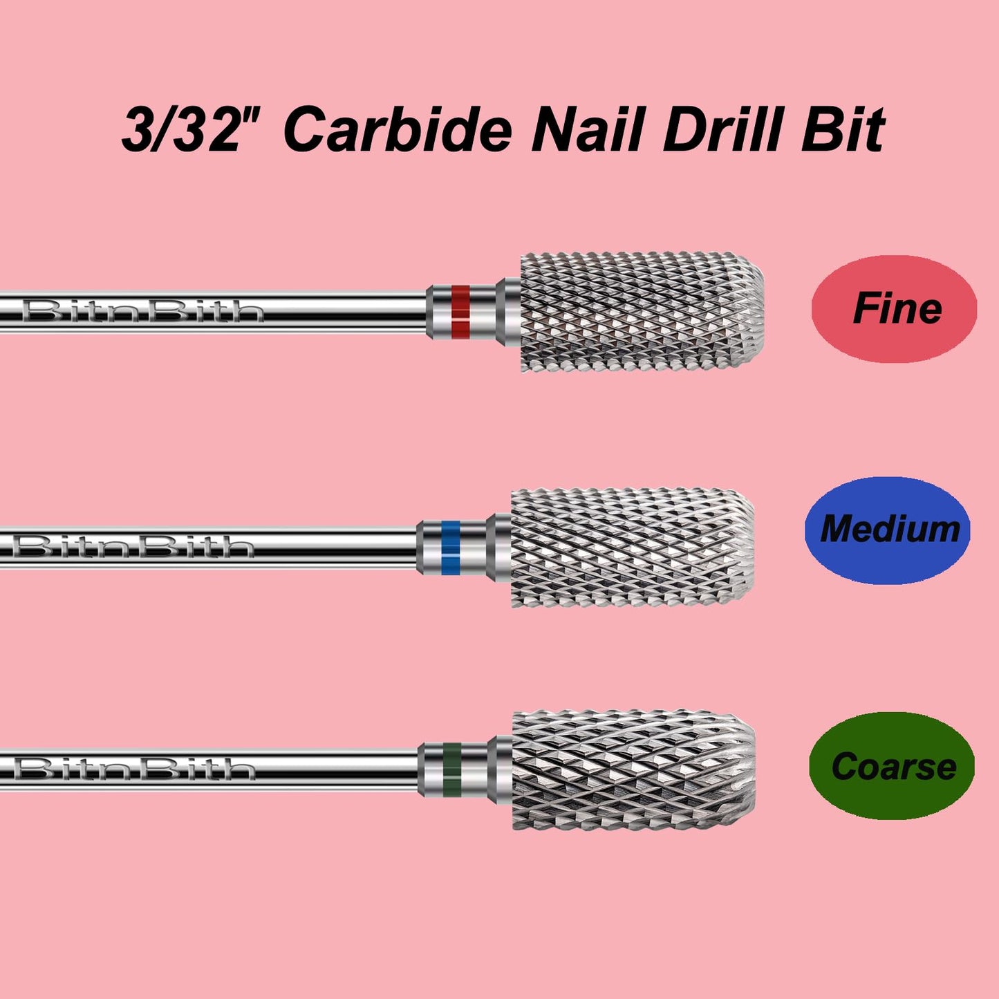 BITNBITH Nail Drill Bit 3/32”Fast Remove for Acrylic or Hard Gel,Barrel Electric Nail File Carbide Bit for Nail Cuticle Gel Dipping Powder Polishing, Professional Manicure Pedicure Nail Art Tool,Fine