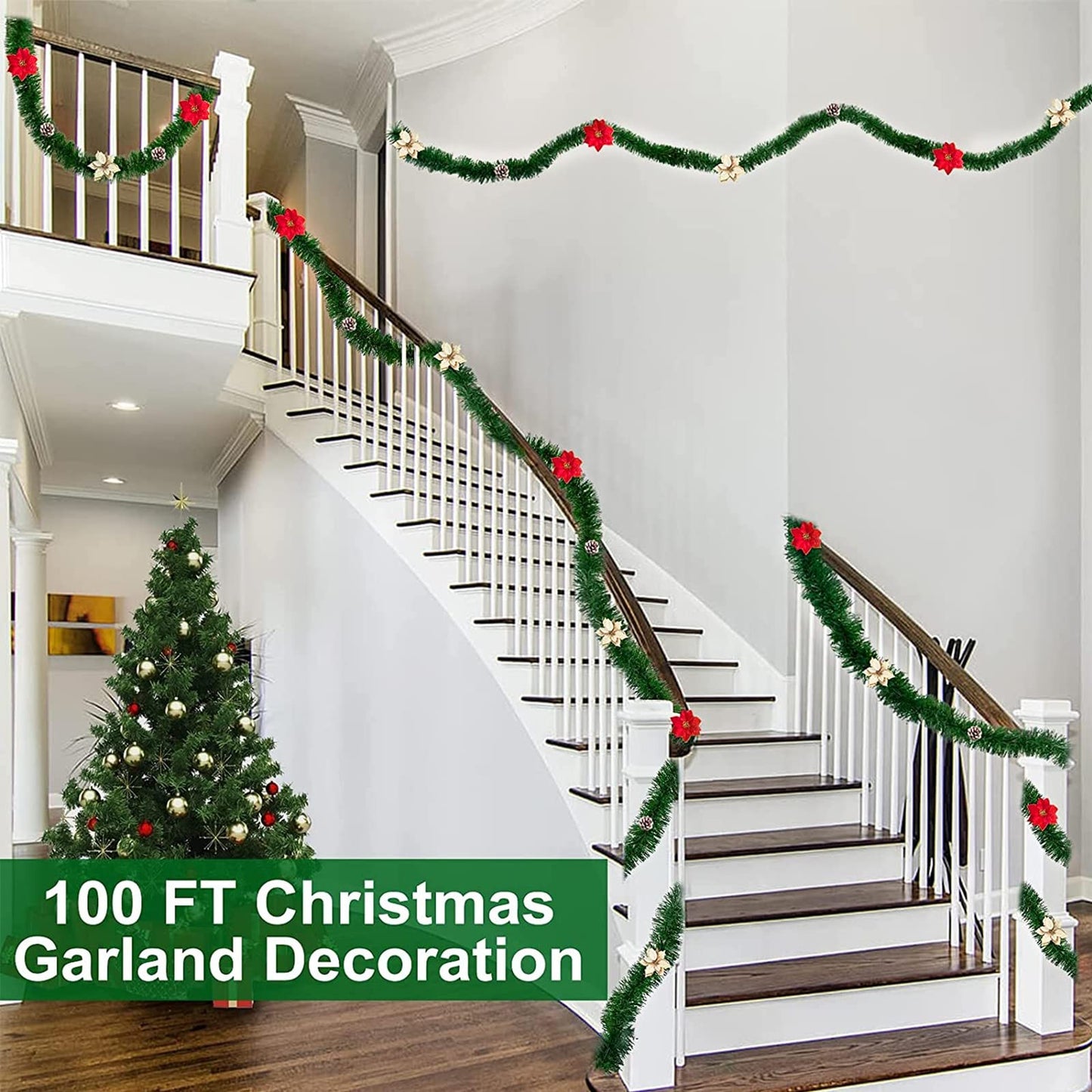 TURNMEON 2 Pack Total 100 Ft Artificial Christmas Garlands Greenery Decorations, Each 50 Ft Soft Green Pine Garland Holiday Christmas Decoration Outdoor Indoor Home Stairs Fireplace Mantle Xmas Party