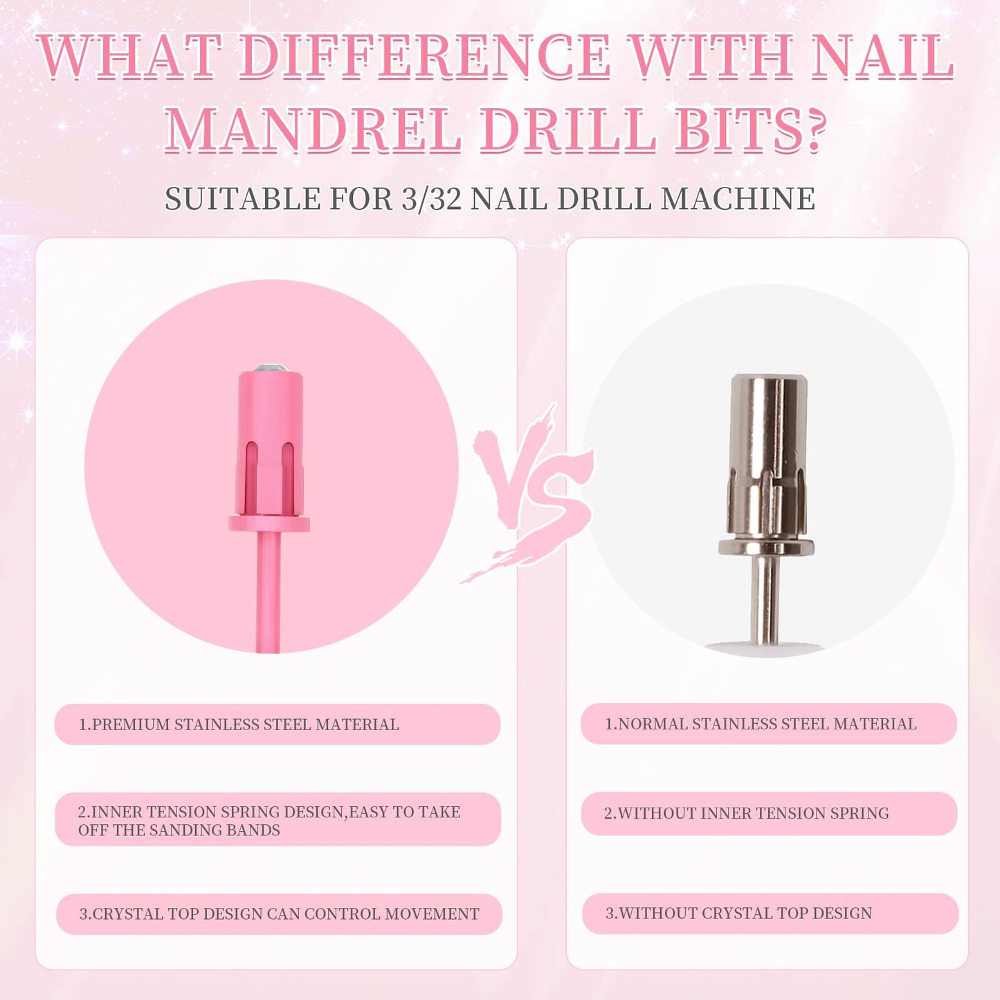 BQAN 2Pcs Nail Drill Mandrel Bit - Crystal Top Easy Off Nail Drill Bits for Sanding Bands, Suitable for Acrylic Nails, Gel Manicures and Pedicures (Pink)