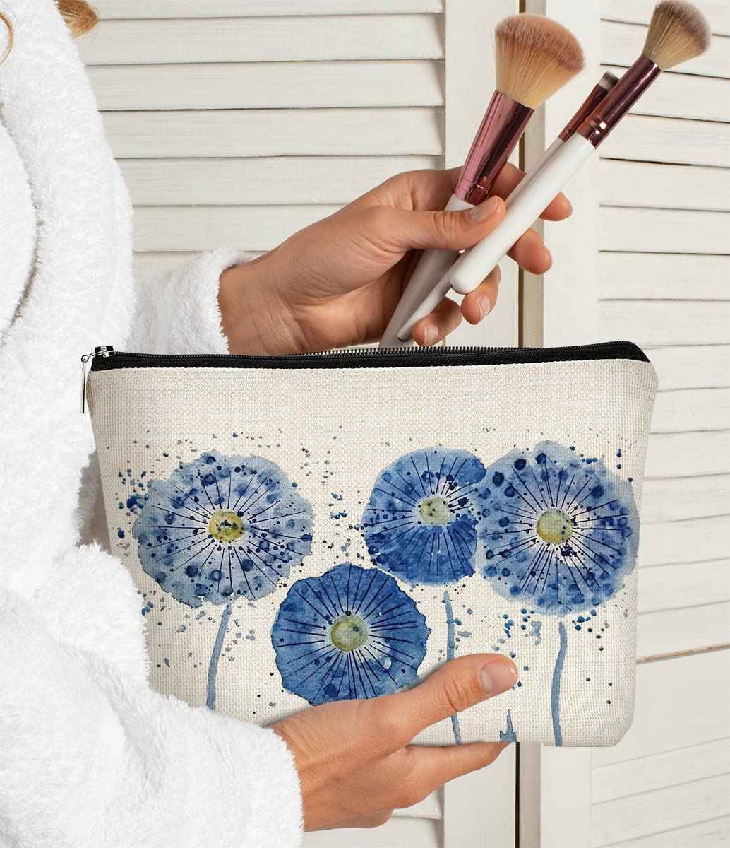 Watercolor Blue Flowers Makeup Bag,Spring Summer Flower Cosmetic Bag Best Gift Idea for Teen Girls Women,Birthday Christmas Gifts for Girls Women Daughter Sister