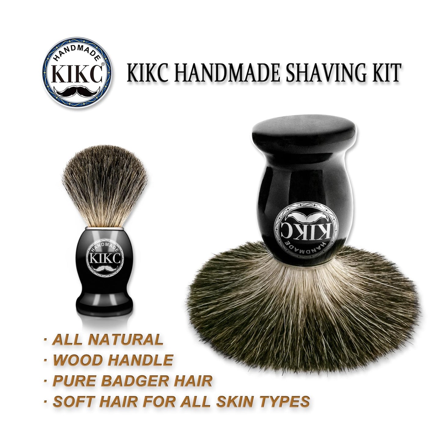 KIKC Hand Crafted Pure Badger Shaving Brush for Wet Shave, Soft Bristle, Wood Handle Black Color, Best Gift for Bearded Man