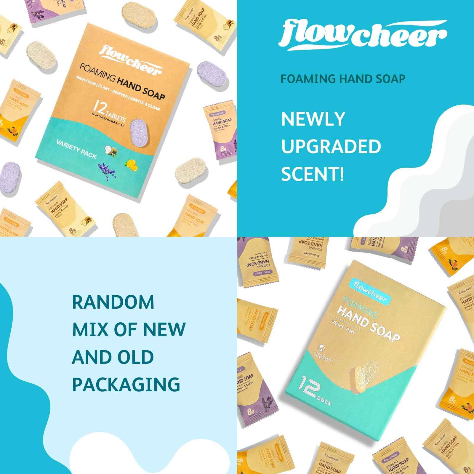 flowcheer Foaming Hand Soap Tablet Refills+ Pump Bottle Dispenser 12 OZ/350 ML Refillable with 12 Pack Variety Fragrance Soap Refills Tablet