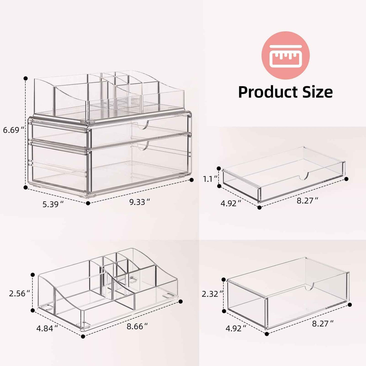 Delamu 3-Tier Clear Makeup Organizer with Drawer, Acrylic Cosmetic Display Case for Makeup Vanity Bathroom Counter Organizers and Storage, Stackable Vanity Organizer for Brushes Lipsticks Skincare