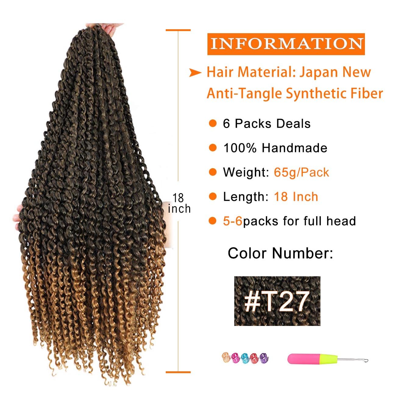 Passion Twist Hair 18 Inch 6 Packs Water Wave Crochet Hair for Passion Twists Long Bohemian Braiding Protective Style Hair Extensions, Tangle Free, No odor, Skin Friendly (18 Inch 6 Packs, T27#)