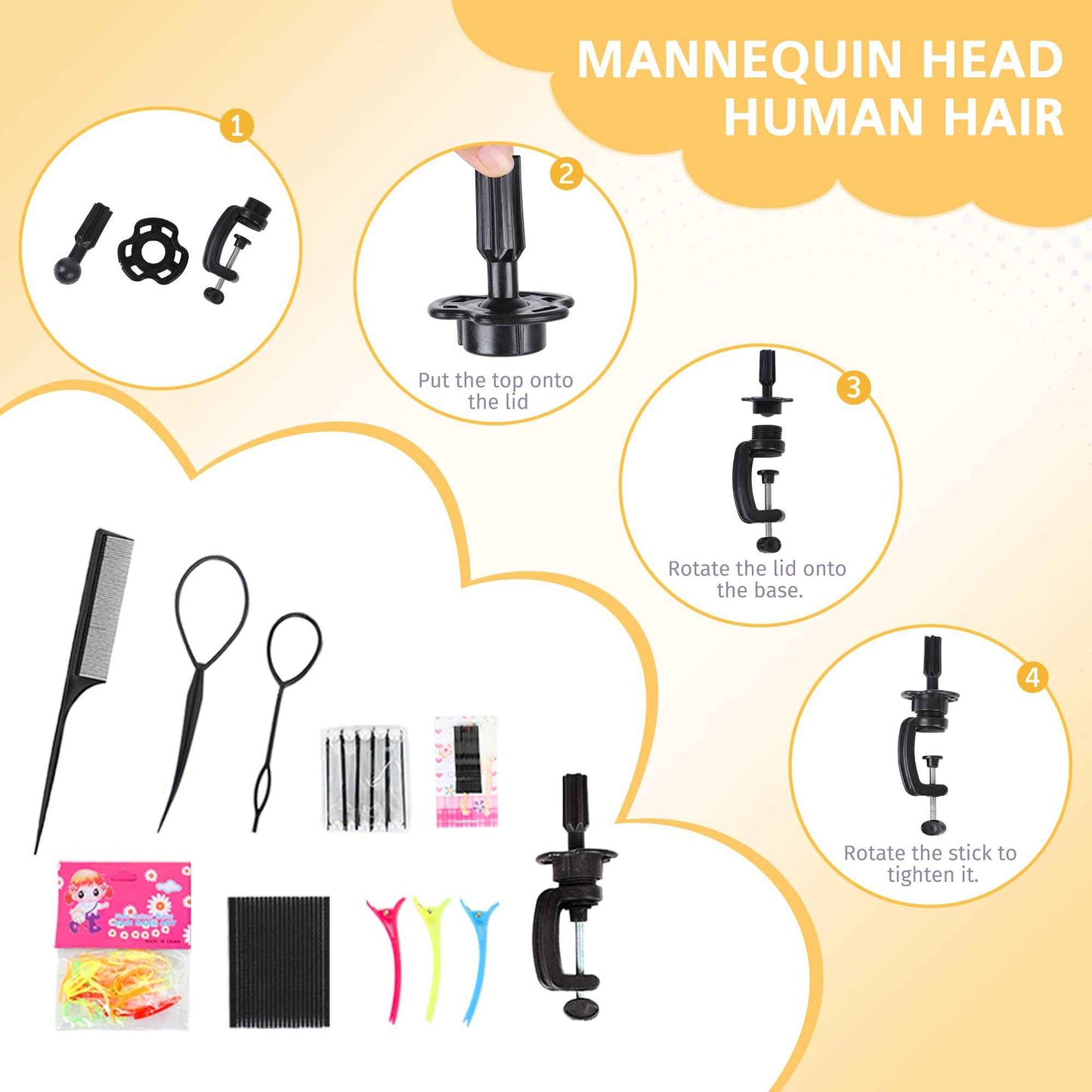 Mannequin Head Human Hair 100% Real Hair Cosmetology Mannequin Head for Practice Braiding Hairstyling Cutting with Tools and Tripod Stand (Dark Brown)
