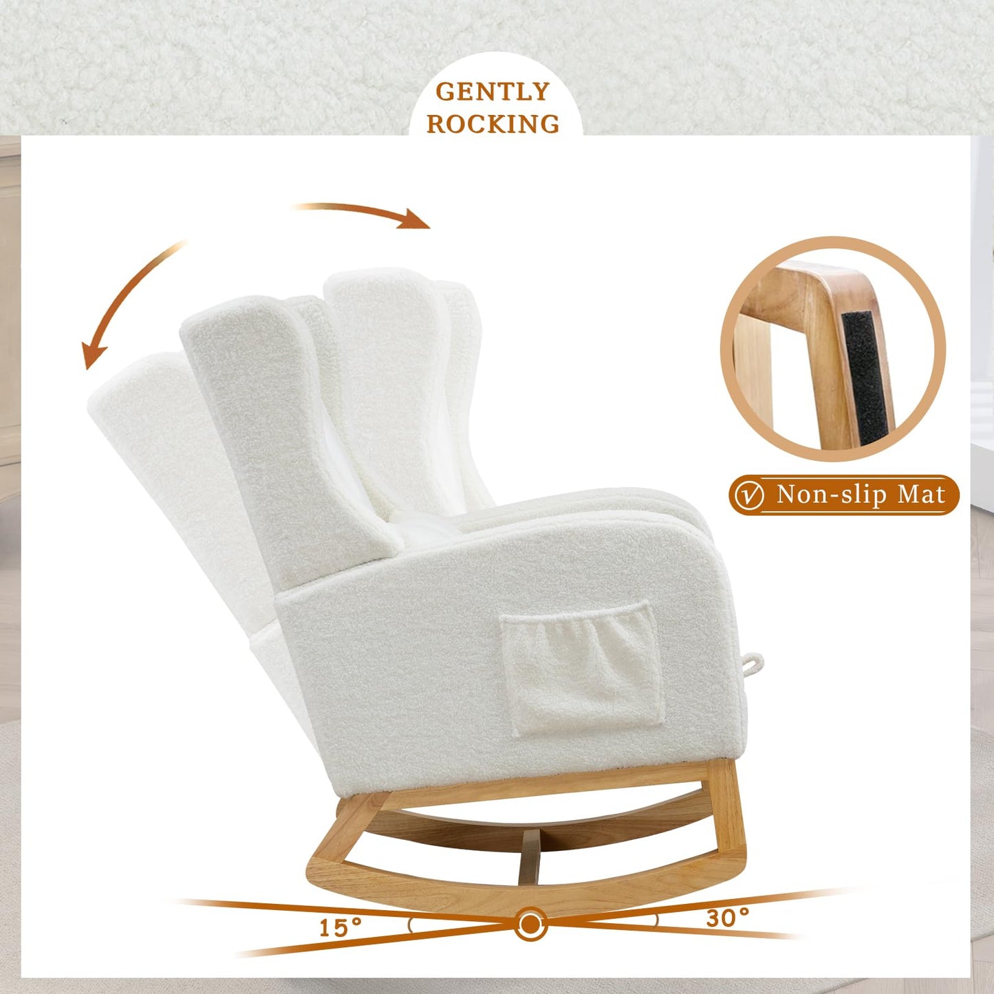 Modern Rocking Chair Nursery Glider, Comfy Rocker Nursery Chair with Foot Rest, Accent Reading Chair with Pillow and Pocket, Upholstered Lounge Chair with Solid Wood Base for Relaxing, Resting (Ivory)