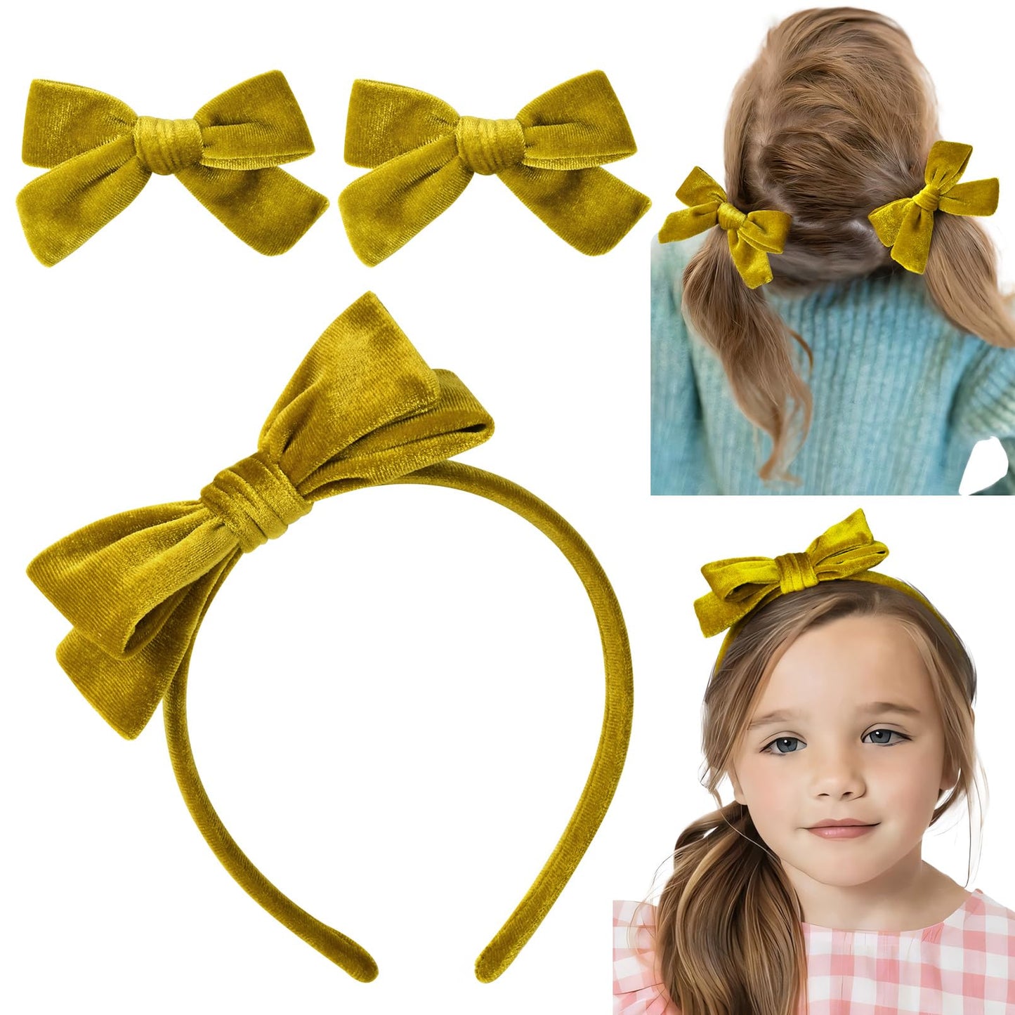 DEEKA Gold Velvet Bow Headband & 2 Pcs Velvet Hair Bows Set Velvet Uniform Hair Accessories Hair Band for Little Toddler School Girls -Gold