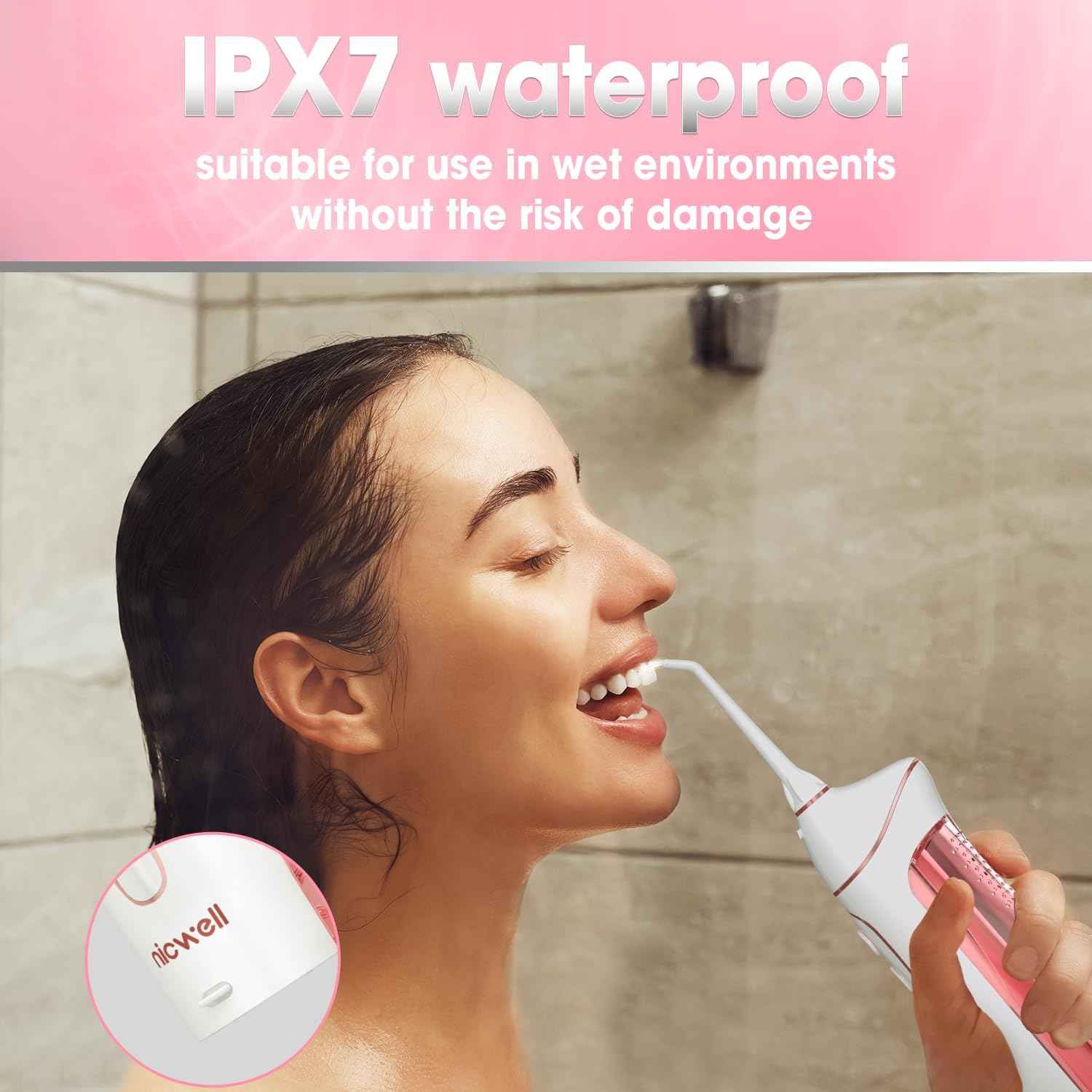 Water Dental Flosser Cordless for Teeth - Nicwell 4 Modes Dental Oral Irrigator, Portable and Rechargeable IPX7 Waterproof Powerful Battery Life Water Teeth Cleaner Picks for Home Travel