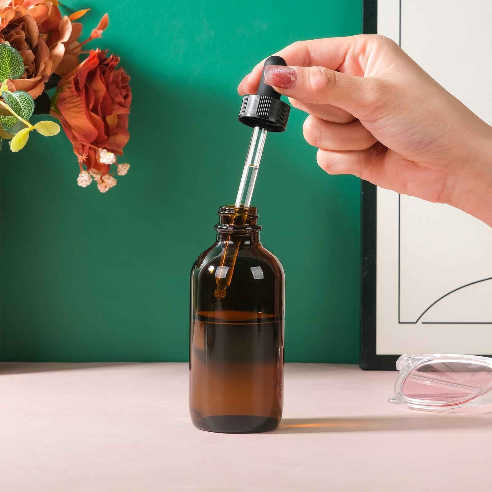 RAMFIYN 3 pack 4oz Amber Glass Dropper Bottle Refillable Tincture Bottles with Strong Measured Dropper Empty Essential Oil Container with Funnel and Labels