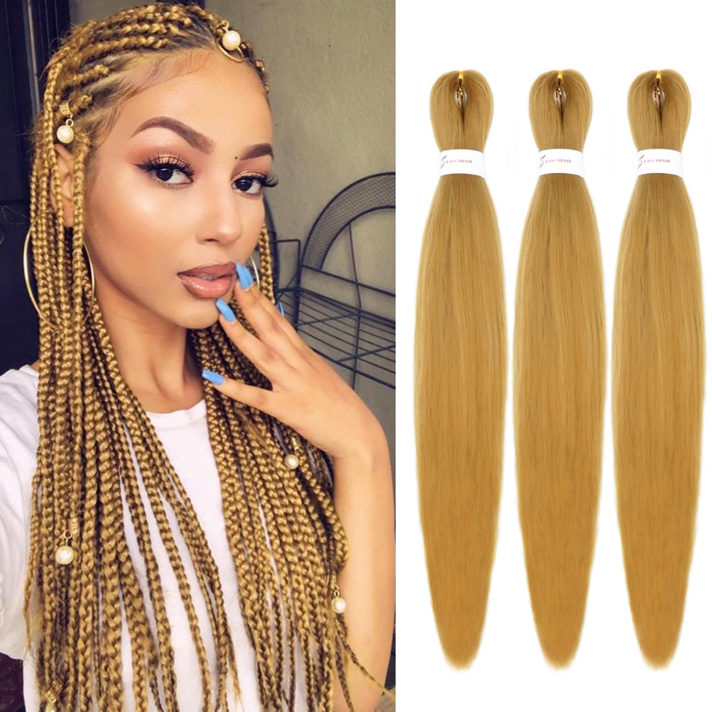 IXIMII #27 Braiding Hair Pre Stretched 16 inch 3 packs Prestretched Kanekalon Hair Honey Blonde Color Straight Braids Soft Yaki Texture Synthetic Hair Extensions