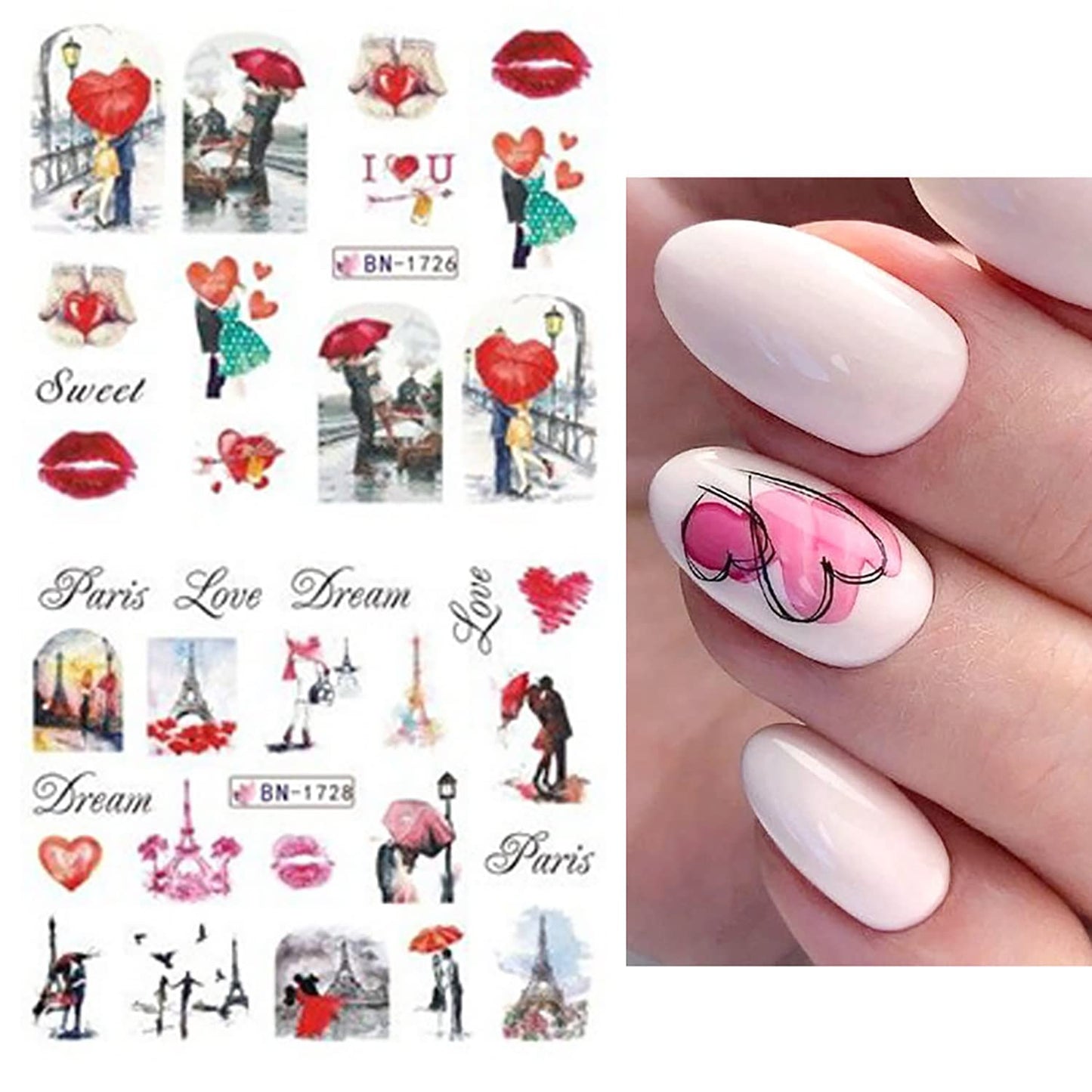 12 Sheets Valentine's Day Nail Stickers Love Tower Umbrella Patterns Design Water Transfer Nail Decals Holographic Art Sticker Decal Nail Art for Women DIY Supplies Manicure Decoration Nail Art Decal