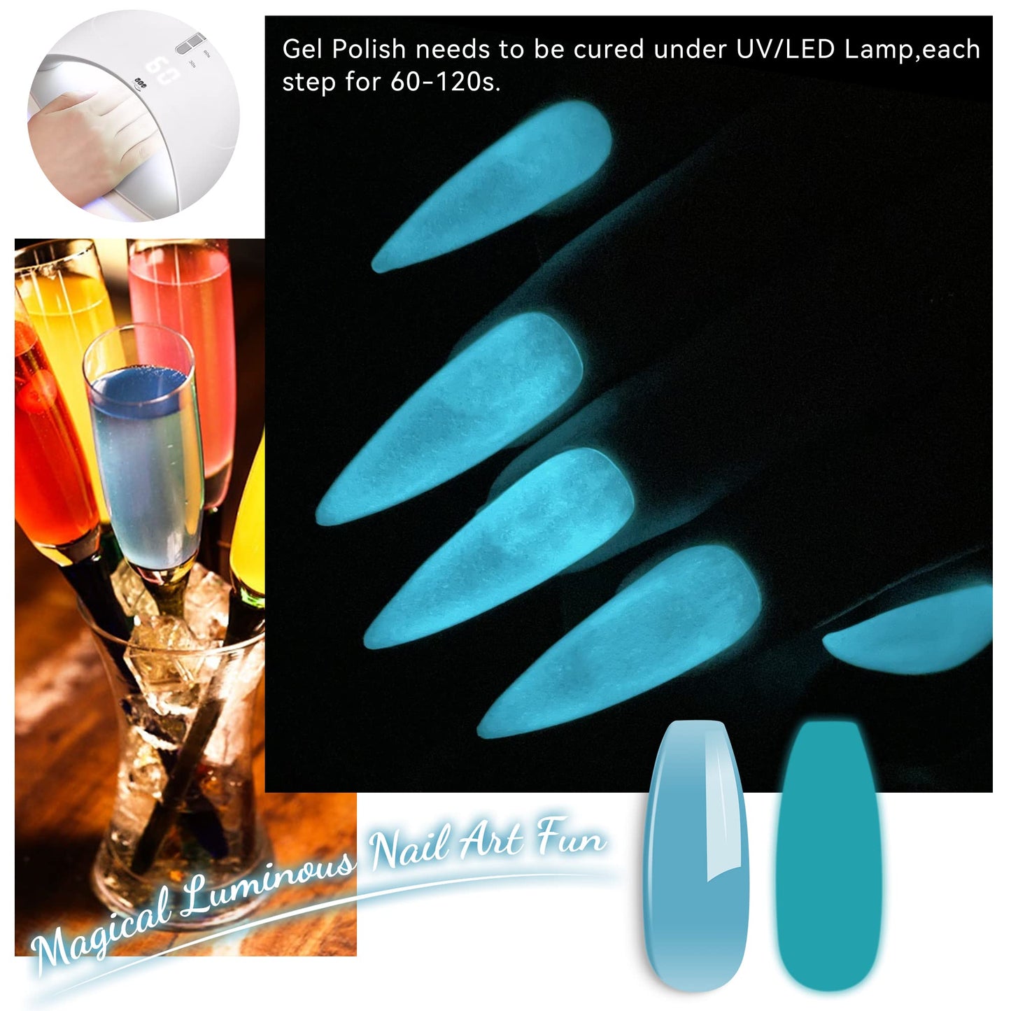 YTD Likomey Glow in the Dark Gel Nail Polish,15ml Translucent Light Blue Luminous Glow Effect UV Nails Gel,Fluorescent Bright Manicure Salon Home DIY UV Manicure Nail Art Varnish,YG01