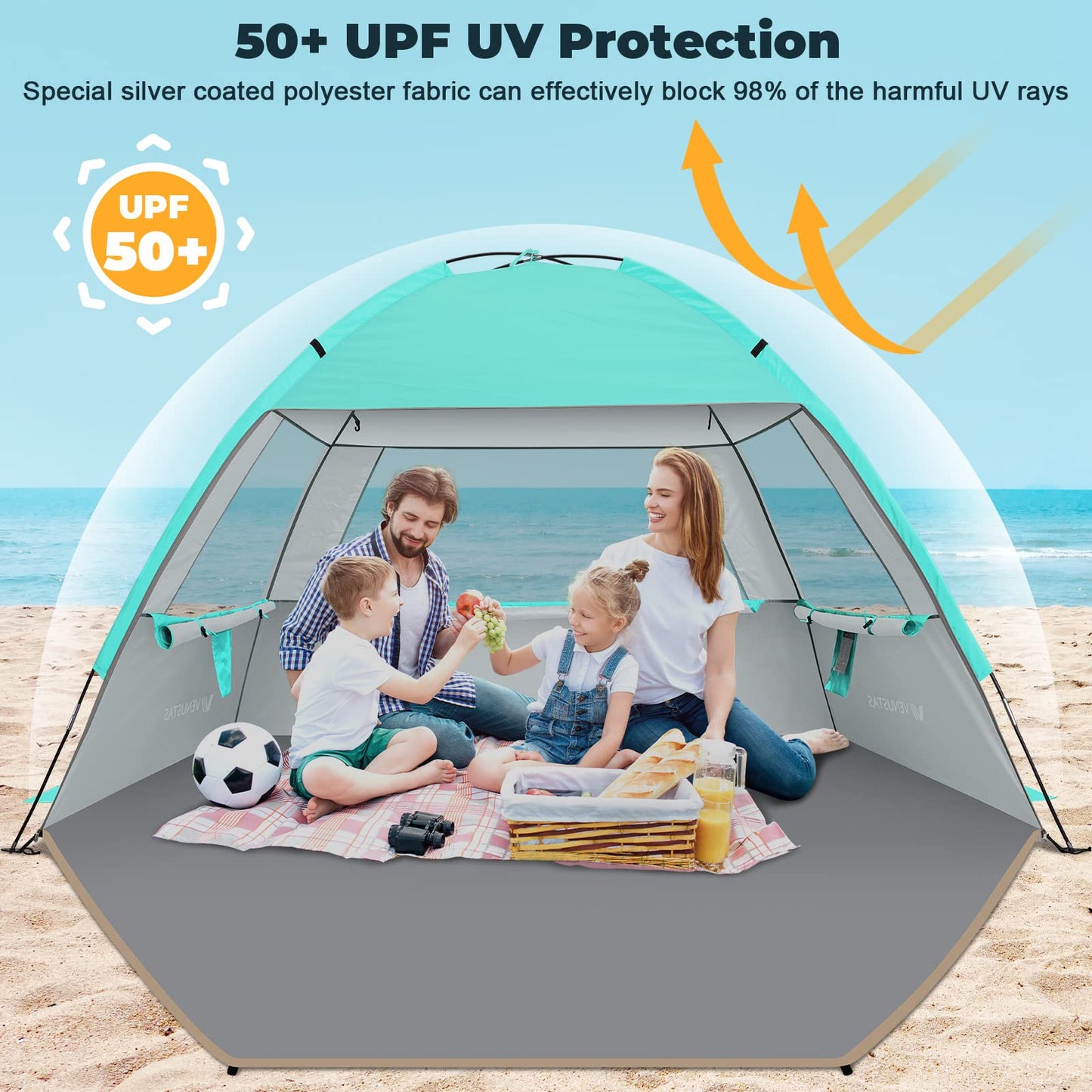 Venustas Beach Tent Sun Shelter for 3/4-5/6-7/8-10 Person, UPF 50+ UV Protection Beach Canopy, Lightweight and Easy Setup Cabana, Portable Beach Shade Tent