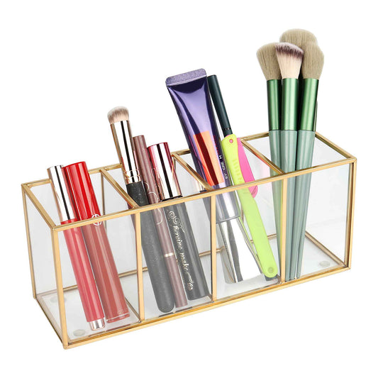 ELEGANTLIFE Clear Glass Makeup Brush Organizer,Luxurious Tempered Glass Cosmetics Brushes Storage Holder for Refined Bathroom Decor (Gold, 4 Sections)