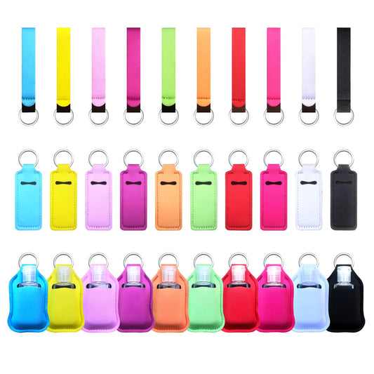 PUEZOKLY 40pcs Travel Bottles Keychain Set with Wristlet Chapstick Holders key chain, Hand Sanitizer Holder Keychain with Empty Bottles