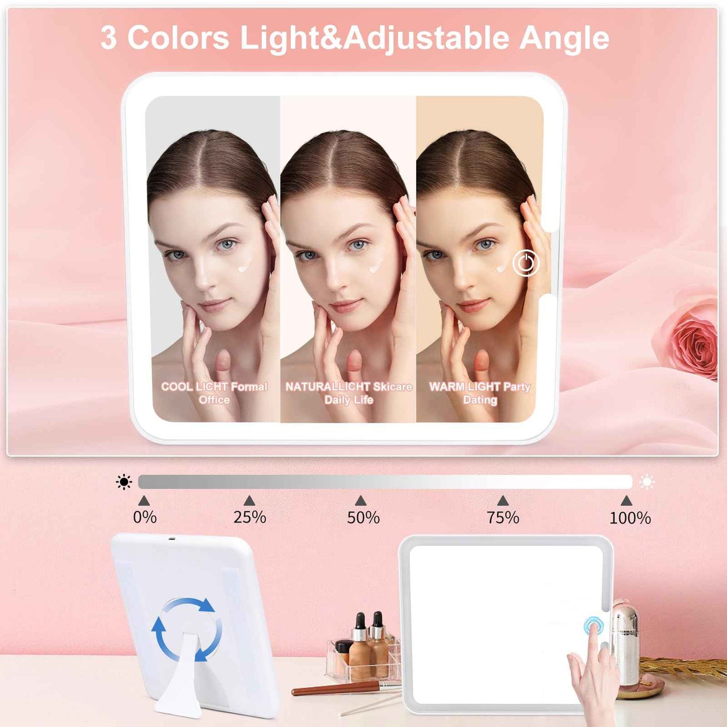 Makeup Box with Led Mirror,Travel Train Hard Case with Rechargeable Lighted Mirror Adjustable Dividers,Cosmetic Organizer Storage Bag for Makeup Artists,Appropriate Gift for Women and Girls,Pink