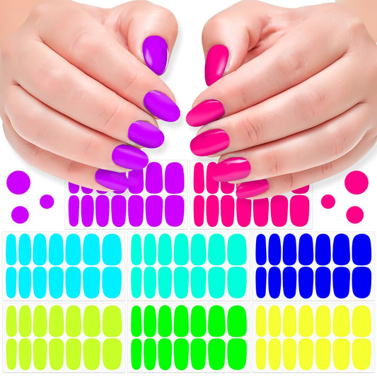 DANNEASY 8 Sheets Fluorescence Color Nail Wraps for Women Self Adhesive Nail Polish Stickers Stick on Nail Polish Strips Gel Fingernail Sticker Nails with Nail File, Cuticle Stick