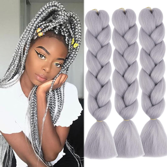 DOREN Jumbo Braiding Hair Extensions for Black Women Crochet Braids Hair DIY Box Braids with Crochet Hook 100g/pc 3Pieces/Lot(24 Inch, A39 Light Gray)