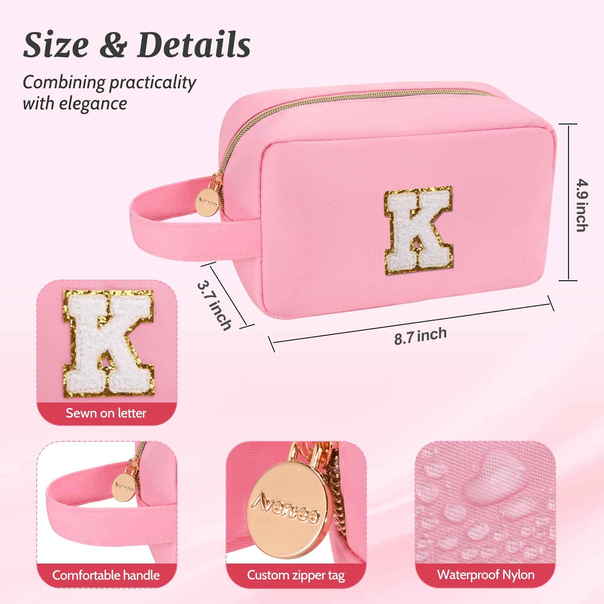 Aveniee Initial Makeup Bag for Women,Monogram Travel Make Up Bag Organizer With Handle,Personalized Cosmetic Toiletry Bag,Christmas Birthday Gifts for Women Teen Girls Daughter Teacher-Pink A