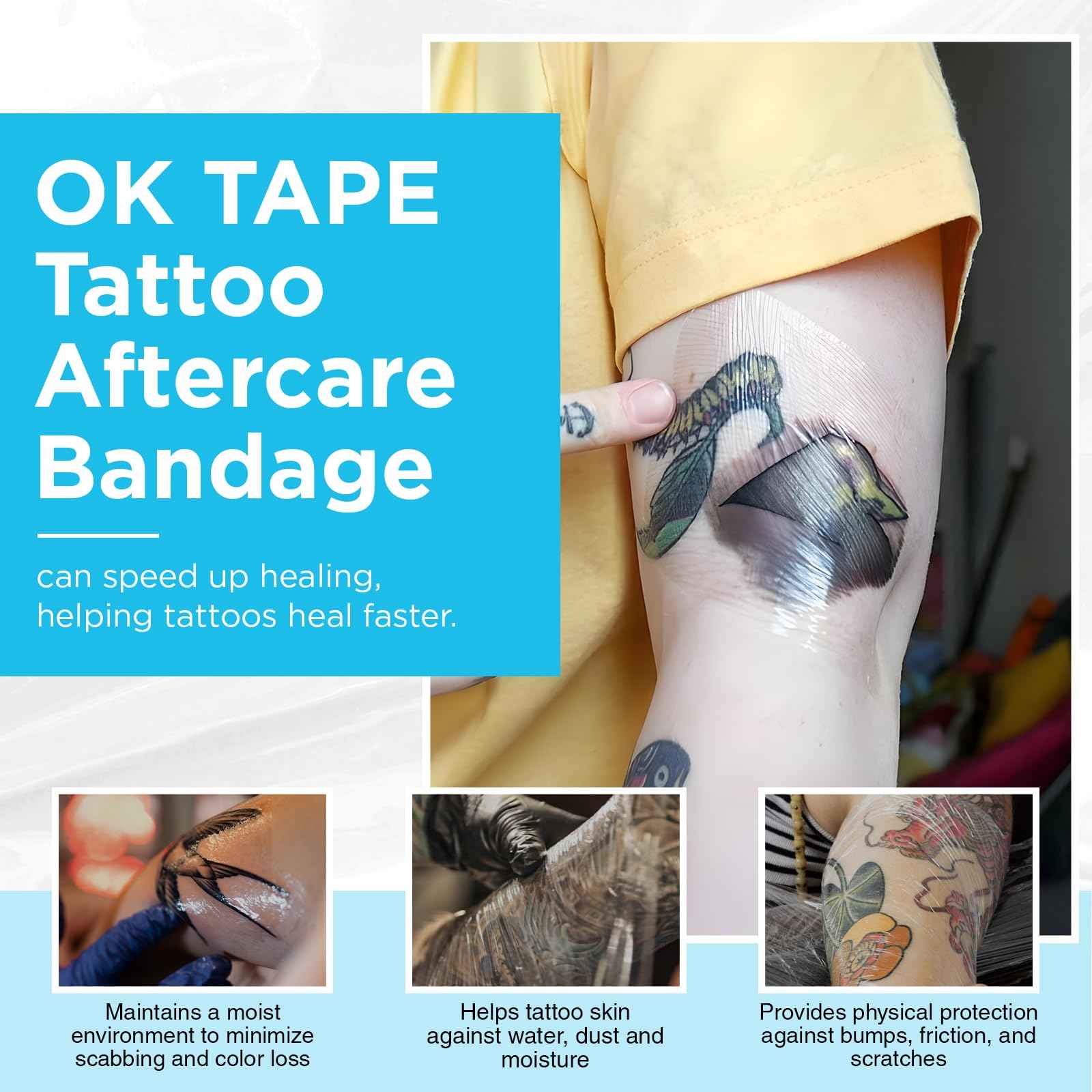 OK TAPE Tattoo Aftercare Bandage with Sliding Cutter(6 in x 6 yd),Second Skin Tattoo Cover Up Patch for Faster Healing and Skin Recovery,Waterproof Transparent Latex-Free Film,Tattoos Supplies