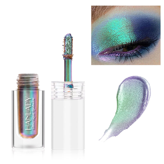 HANLADY Chameleon Eyeshadow Liquid Glitter Eye Makeup, Glitter Eyeshadow Green Intense Color Shifting Long Lasting with No Creasing, Quicky Dry & High Pigmented Shimmer Eye Shadow, Aurora