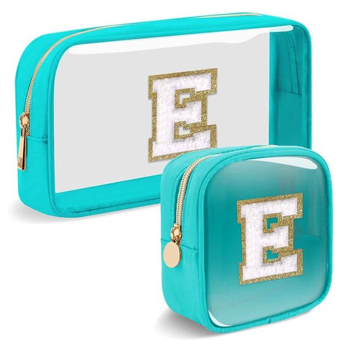 2pcs Personalized Initial Letter Clear Makeup Bag | Waterproof Nylon Preppy Cosmetic Bag | Travel Toiletry Bag | Monogrammed Gifts for Women Girl | Wedding Bridal Shower Gifts for Bridesmaids(Blue E)