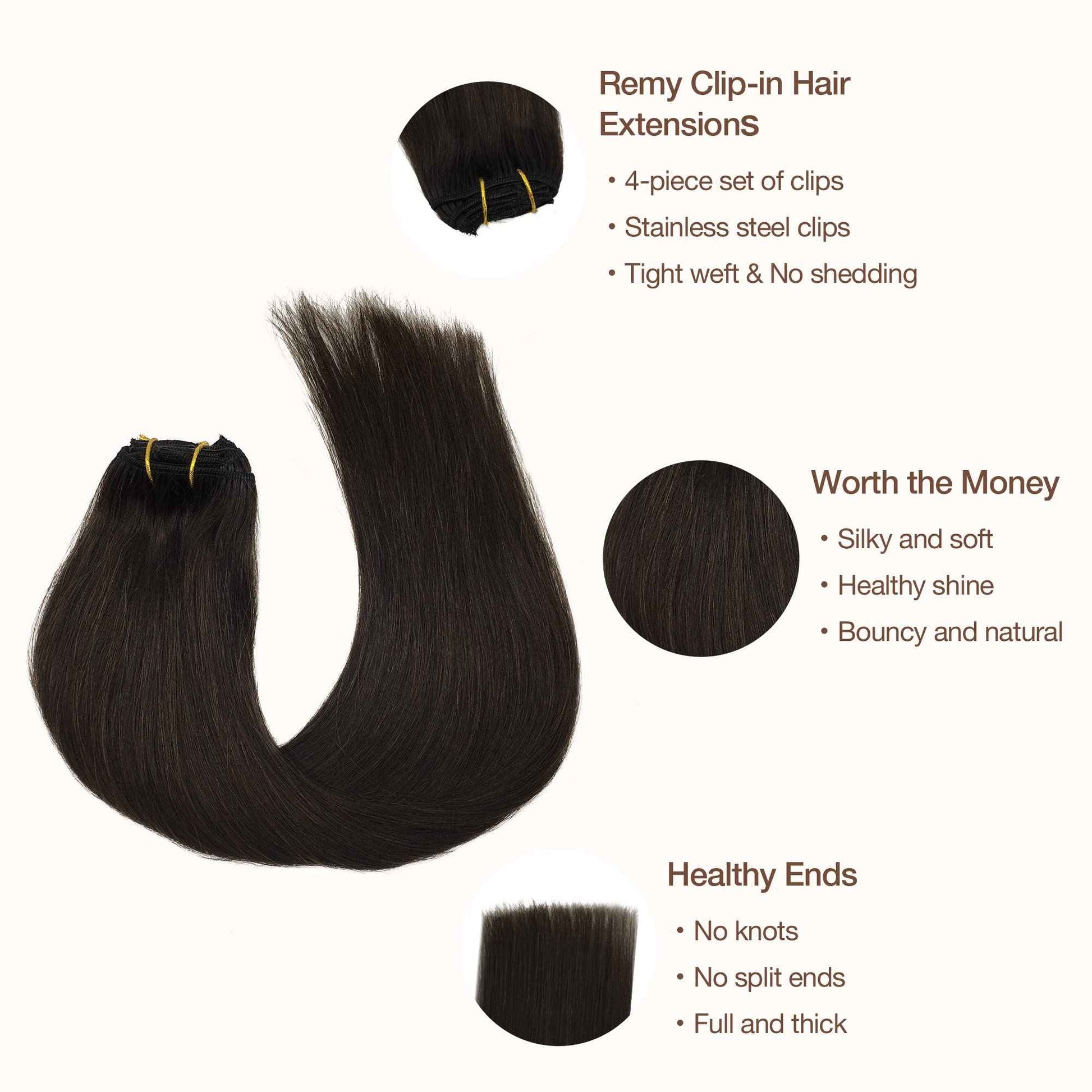 GOO GOO Clip in Hair Extensions Real Human Hair, Remy Human Hair Extensions Clip ins for Women, Natural Human Hair, 14inch 60g 4Pcs, 2 Dark Brown