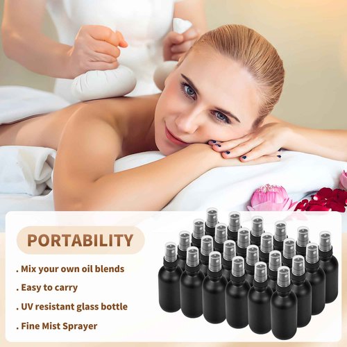 BILLIONSTARS 24 Pack 2oz Glass Boston Round Bottle with Fine Mist Sprayer - Black Frosted - Essential Oils, Bath, Beauty, Hair & Cleaning - Leakproof Travel Bottles