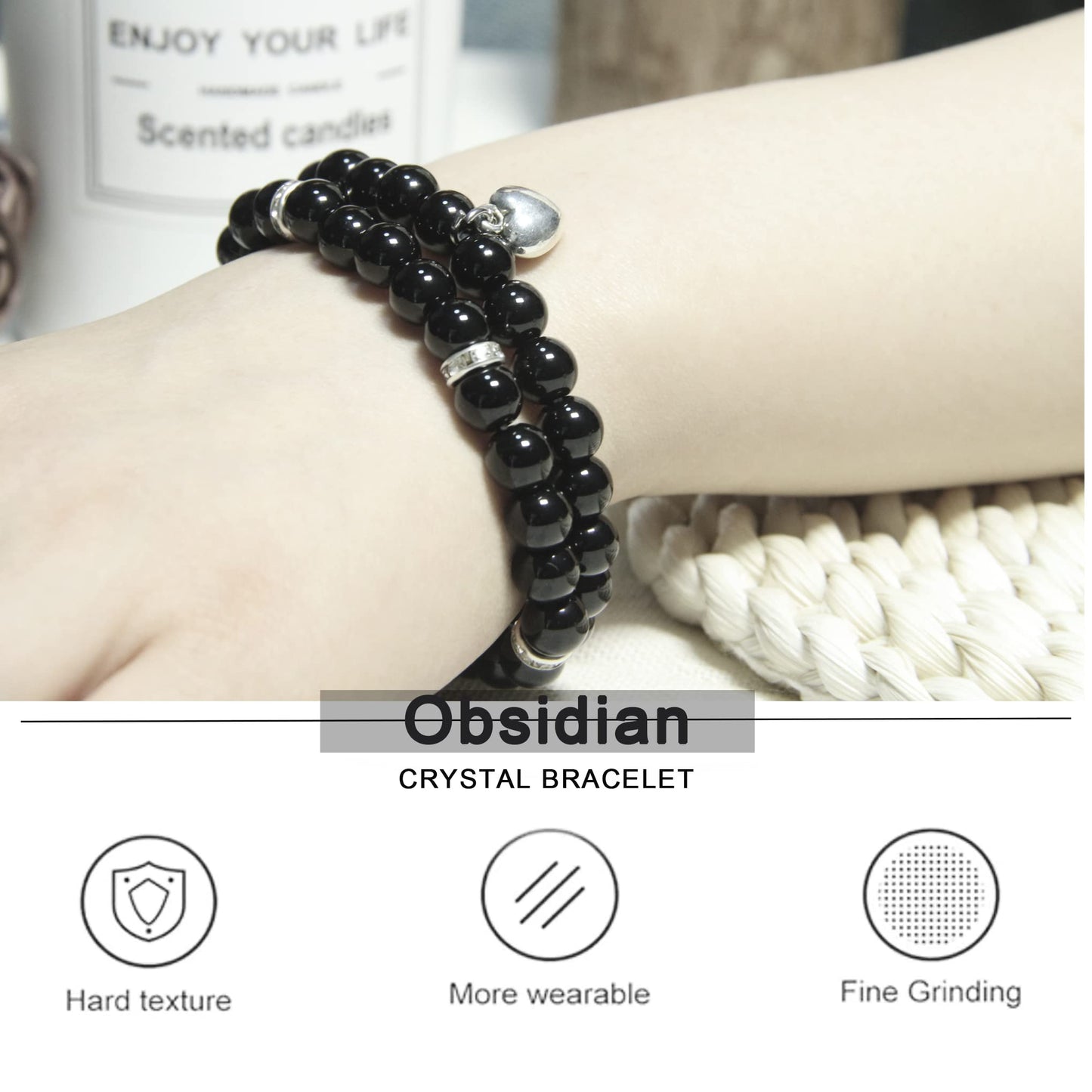 Healing Bracelets for Women - Black Obsidian Bracelet - Healing Prayers Crystal Bracelet, 8mm Natural Stone Anti Anxiety Stress Relief Yoga Beads Get Well Soon Gifts