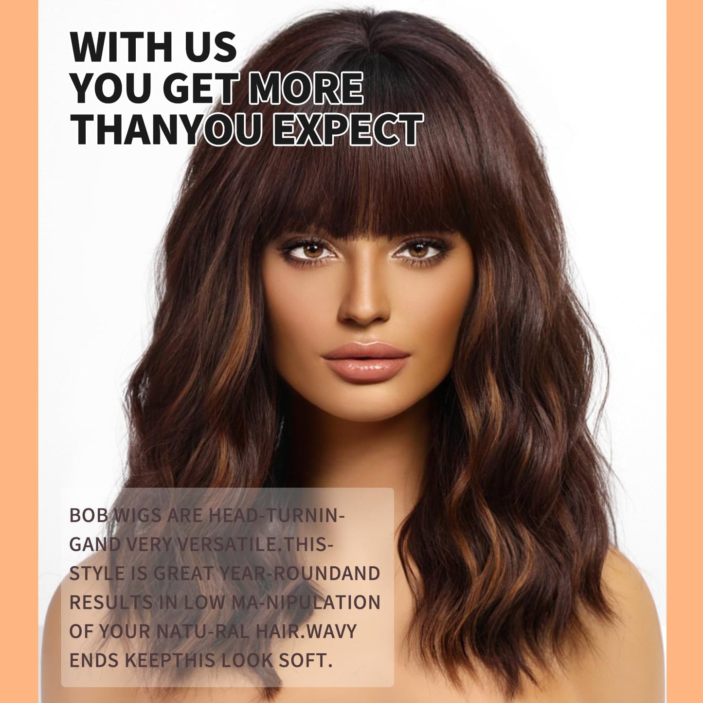 KOME Short Wavy Brown Wig with Bangs, Short Brown Highlight Bob Wigs for Women, Wavy Bob Wig with Bangs Synthetic Natural Looking Wigs 14IN