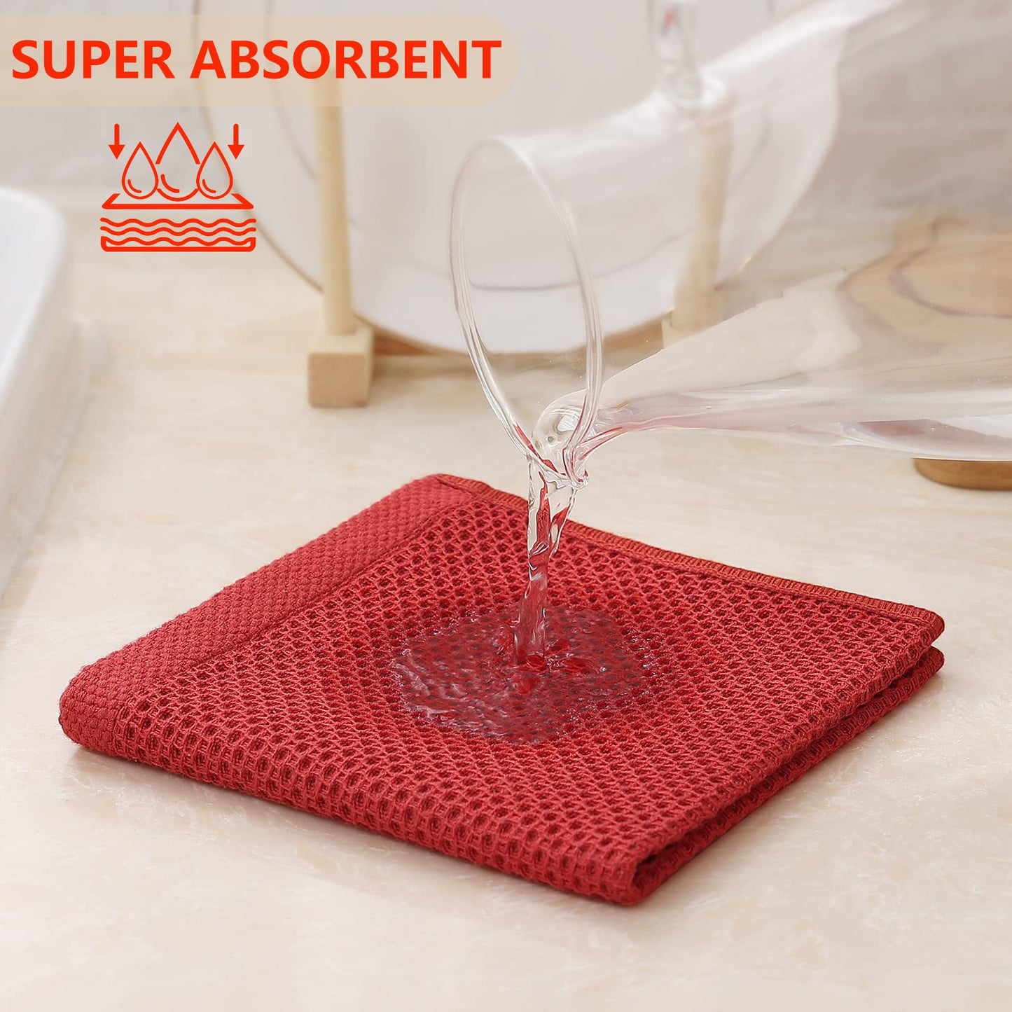 Kitinjoy 100% Cotton Kitchen Dish Cloths, 6 Pack Waffle Weave Ultra Soft Absorbent Dish Towels for Drying Dishes Quick Drying Kitchen Towels Dish Rags, 12 X 12 Inches, Brick Red