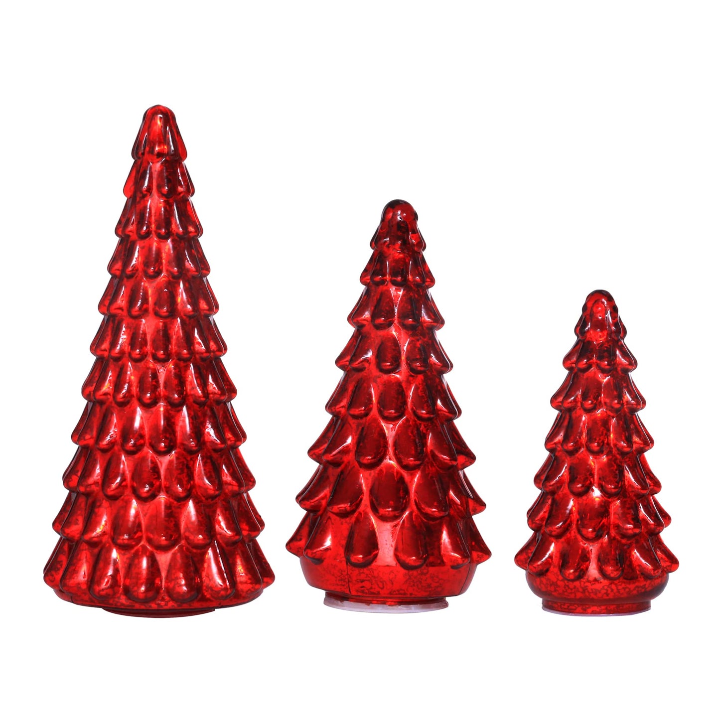 Costyleen 3PCS Christmas Ornaments Tree Set, Tower Shaped Glass Xmas Tree, Mercury Glass Tabletop Christmas Tree Decoration with LED Lights Home Table Decor Festive Gift 11.8in, 10.23in, 7.8in, Red