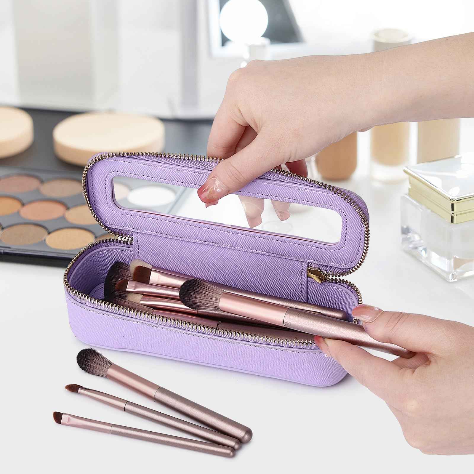 LOFOWN Travel Makeup Set Waterproof Transparent Cosmetic Bag and Toiletry Bag Makeup Brush case with Zipper Car Essentials for Women (Purple, L+M+SLIM)