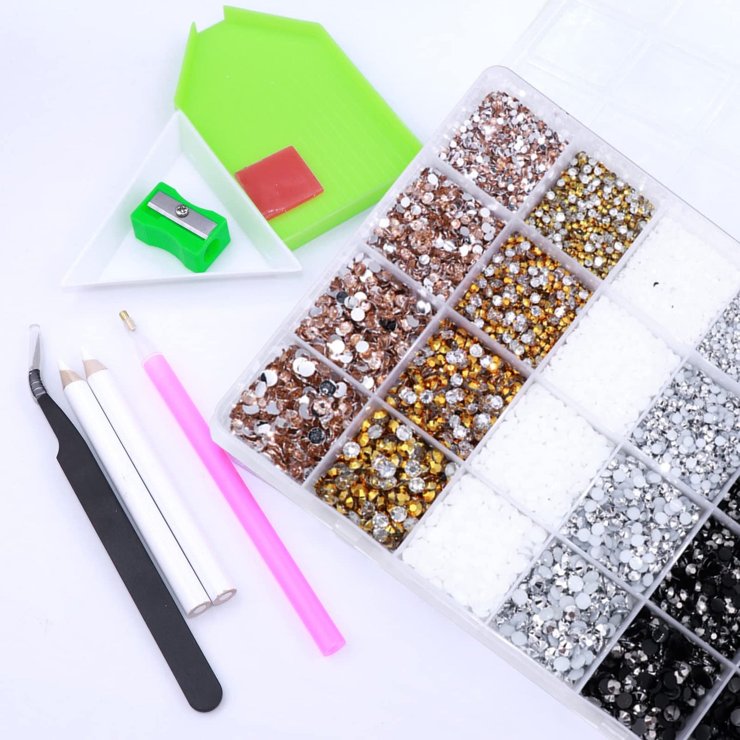 BELICEY 24000PCS Black White Resin Crystal Nail Rhinestones Round Beads Flatback Bulk Gems Stones Multi Sizes Gold Rhinestones Nail Crystals for Nail DIY Crafts Clothes Shoes Jewelry