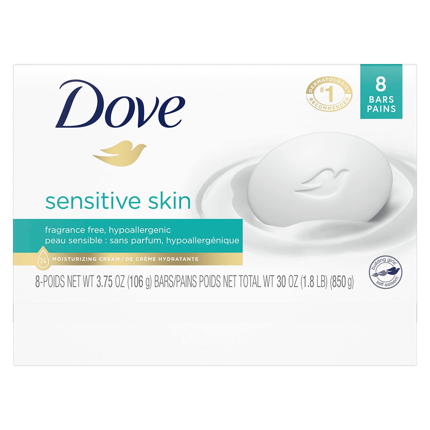 Dove Beauty Bar More Moisturizing Than Bar Soap for Softer Skin, Fragrance Free, Hypoallergenic Sensitive Skin With Gentle Cleanser 3.75 oz 8 Bars