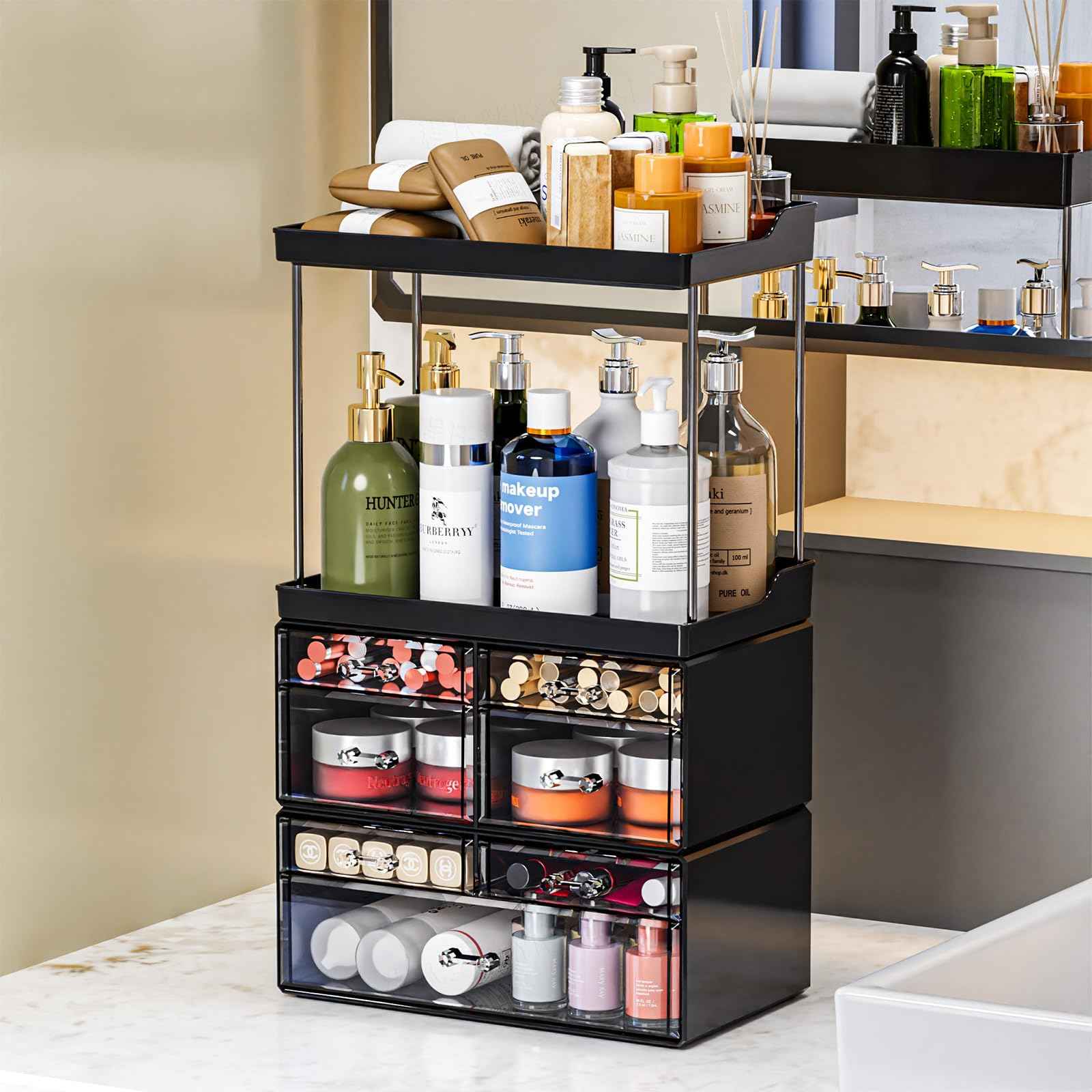 3 Pack Bathroom Organizers and Storage Countertop With 7 Drawers,Stackable Vanity Drawer Organizer for Makeup,18.9" Tall Large Capacity Skincare Organizer and Exquisite Makeup Organizer,Black