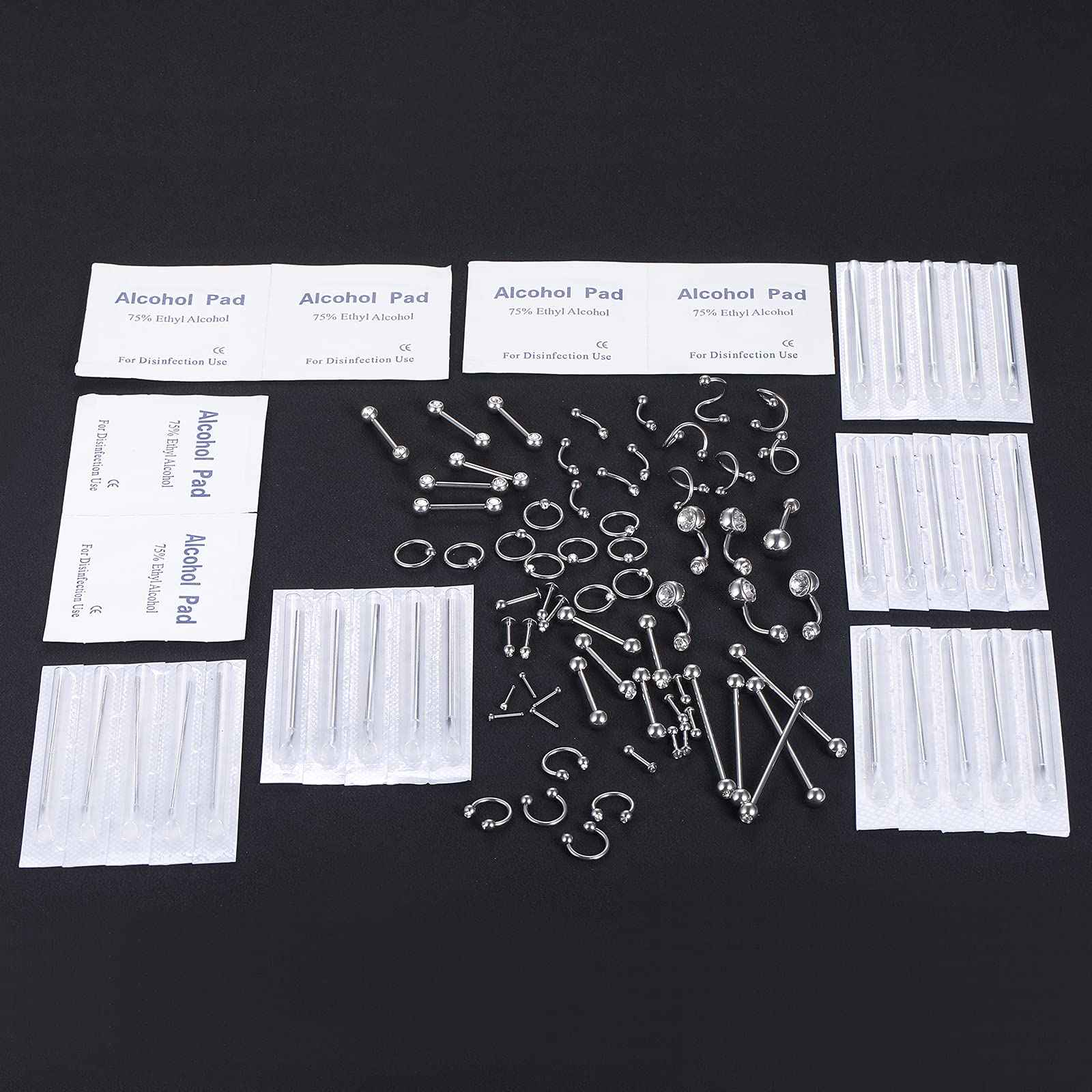 Oveta 100PCS Piercing Kit Stainless Steel 14G 16G 20G Nose Studs Lip Tongue Trague Cartilage Helix Daith Eyebrow Belly Button Ring Body Piercing Jewelry