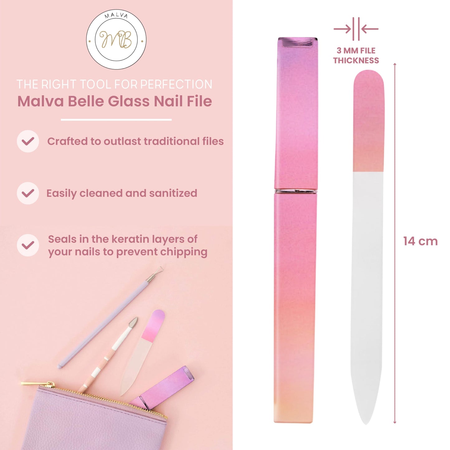 Best Crystal Glass Nail File for Women - Nail File & Travel Case - Nail File Set for Women - Heavy Duty Nail File for Natural Nails, Gel - Professional Nail Shaper - Sunset 3mm