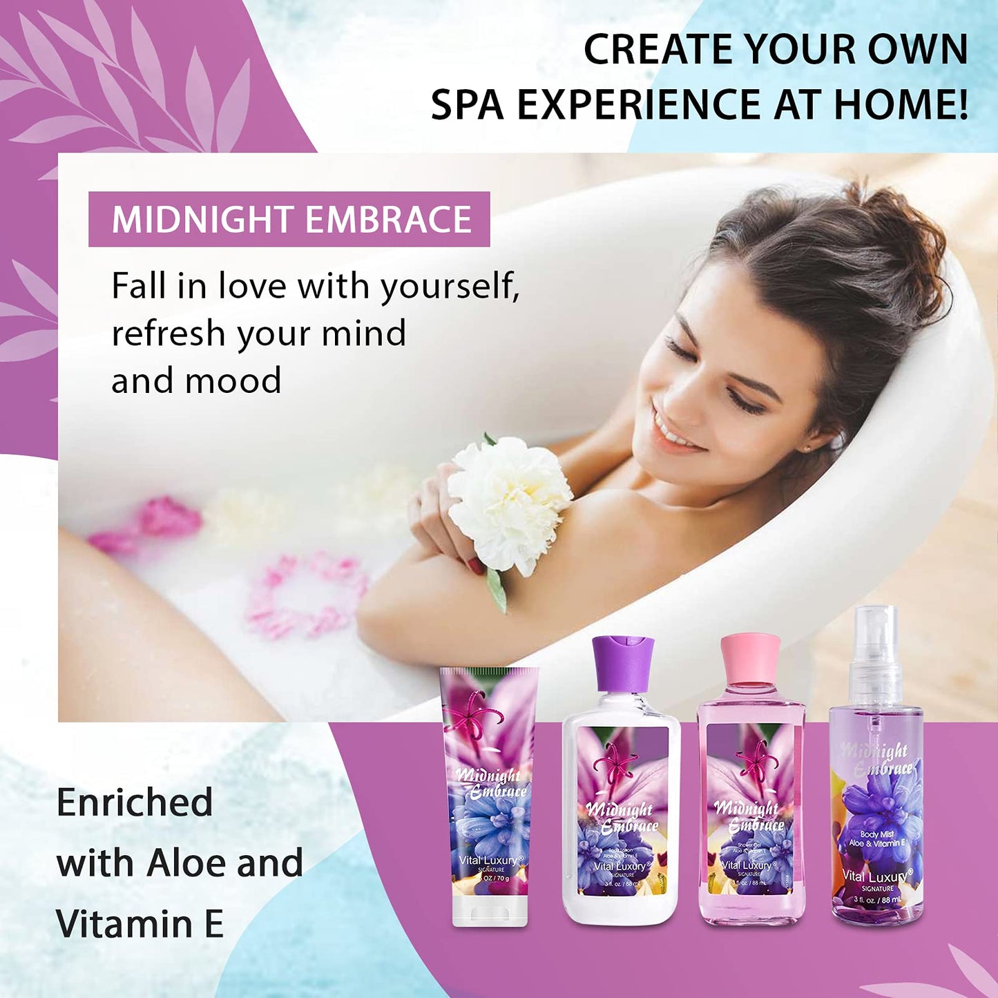 Vital Luxury Midnight Embrace Bath & Body Kit, 3 Fl Oz, Ideal Skincare Gift Home Spa Set, Includes Body Lotion, Shower Gel, Body Cream, and Fragrance Mist, Halloween, Christmas Gifts for Her and Him