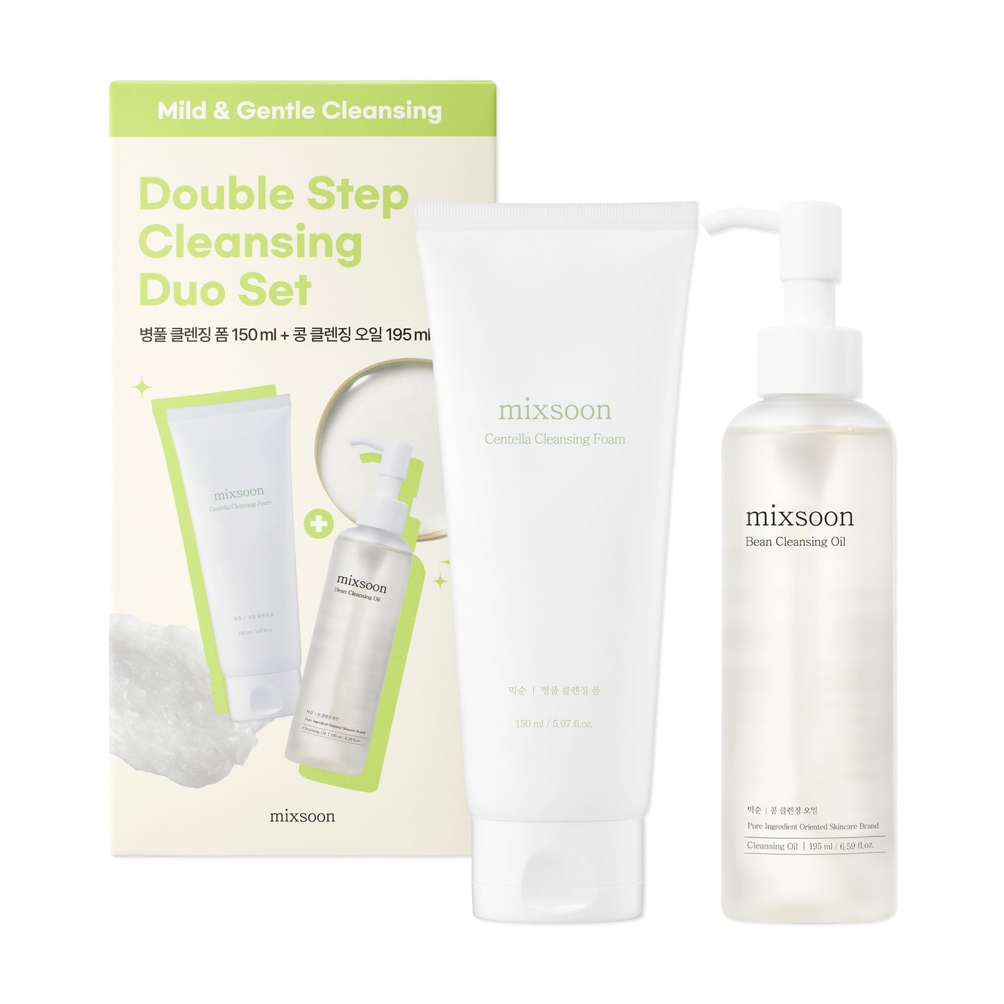 mixsoon Double Cleansing Set- 2-Step Routine, Centella Foam & Bean Cleansing Oil, Gentle Deep Clean and Hydrating Care 150ml / 5.07 fl.oz., 195ml / 6.59 fl.oz. Korean Glass Skin Care