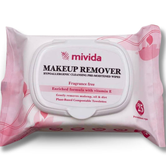 Mivida Hypoallergenic Makeup Remover Wipes | Biodegradable Facial Cleansing Wipes with Vitamin E | Fragrance-Free, Alcohol-Free, Plant-Based | Gentle on Sensitive Skin | 25 Count