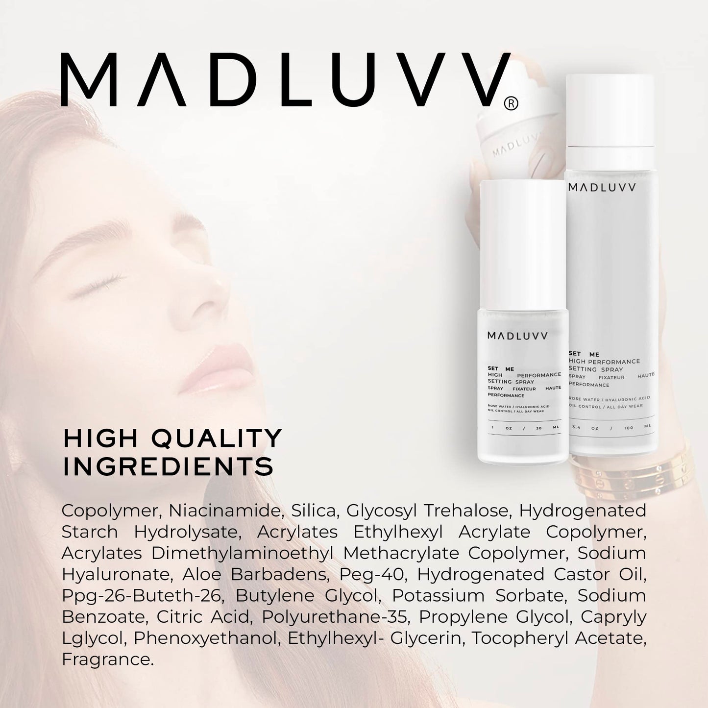 MADLUVV Set Me Illuminating Makeup Setting Spray, Hyaluronic Acid & Rosewater Mist for a Hydrated Glow – 3.4oz. Standard