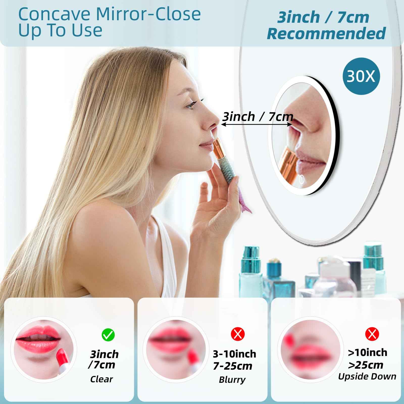 30x Magnifying Mirror With Light, Large 6" Rechargeable Lighted With Suction Cups & Table Stand, 3 Color Modes Dimmable Light up Travel Makeup High Magnification