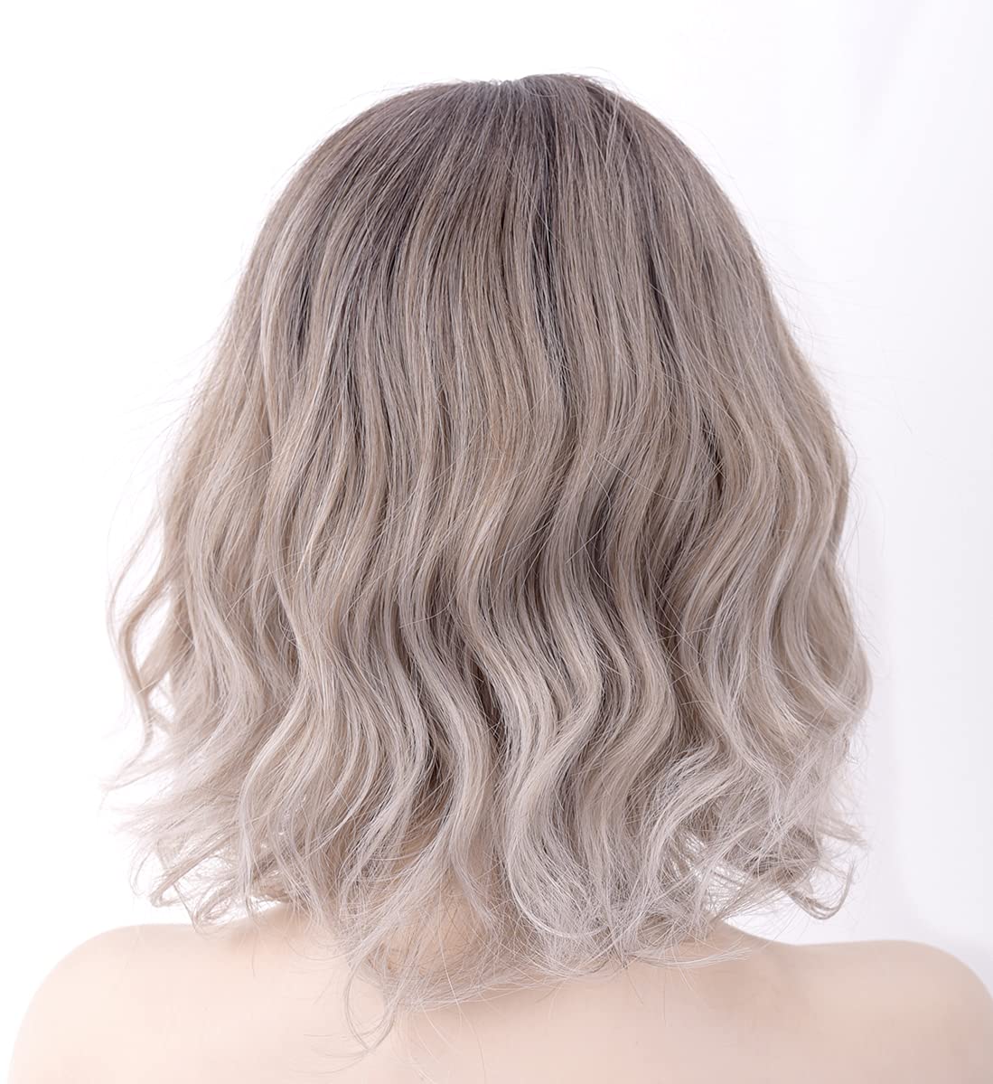 LANOVA Ash Blonde Wig with Bangs, Short Curly Wigs, Ombre Wig, Ombre Brown Blonde Wigs for Women,Synthetic Wig 10 inch LANOVA-134-5