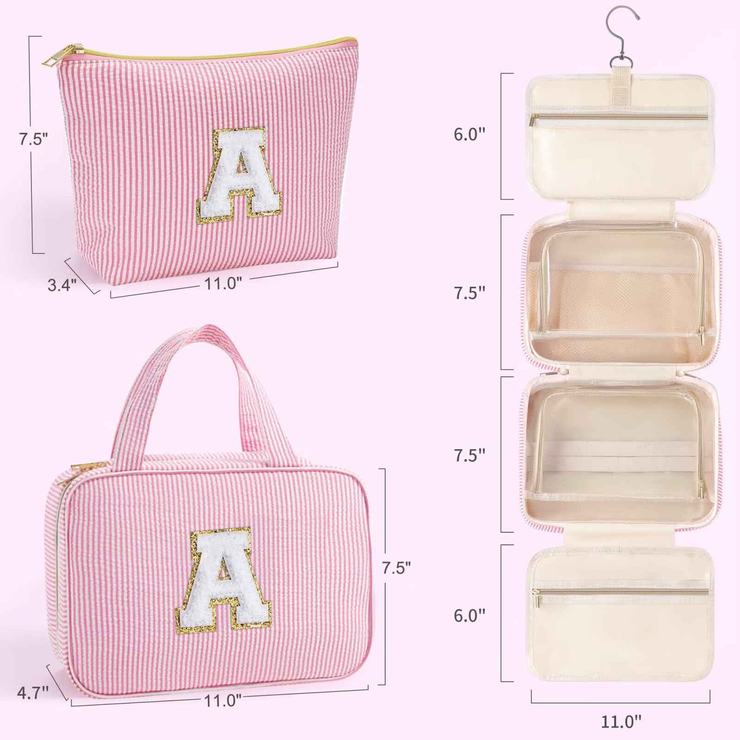 YOOLIFE Christmas Gifts for Women Teenage Girls Stocking Stuffers, Initial Hanging Toiletry Bag for Women Teen Girl, Travel Toiletry Bag Gifts for Mom Daughter Sister Friends, Letter A, Pink