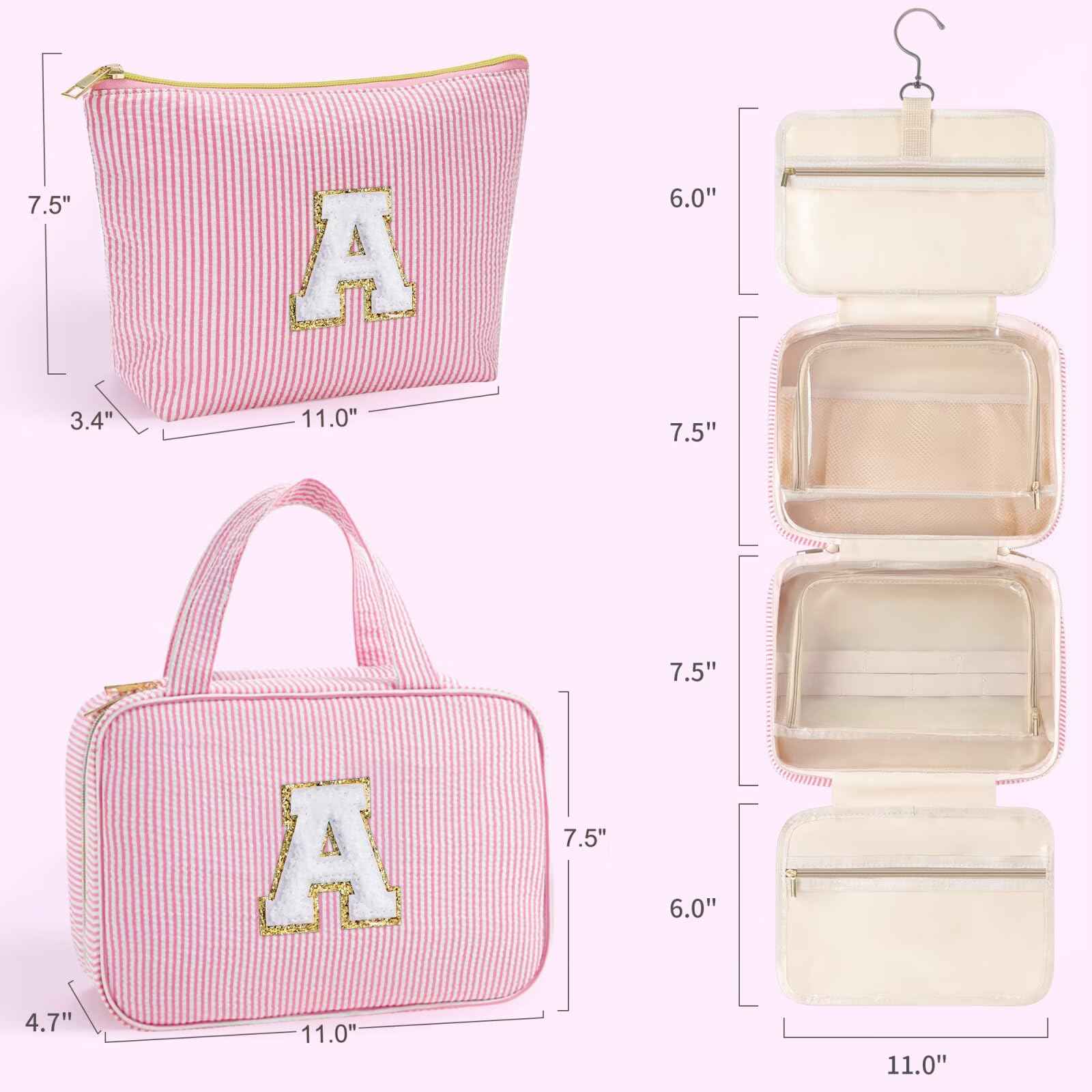 YOOLIFE Christmas Gifts for Women Teenage Girls Stocking Stuffers, Initial Hanging Toiletry Bag for Women Teen Girl, Travel Toiletry Bag Gifts for Mom Daughter Sister Friends, Letter A, Pink