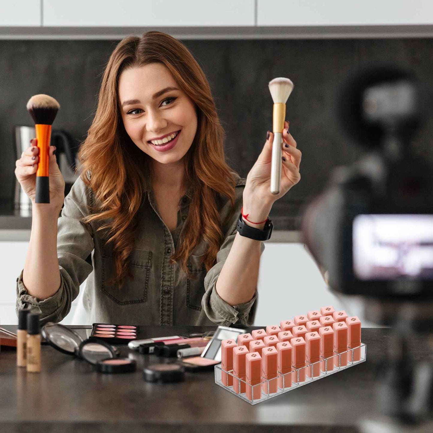 Kigley 3 Pcs Clear Lipstick Organizer Acrylic Lip Gloss Holder Cosmetic Storage Lipstick Display Case for Women Perfume Sample Drawer Brushes Bottles Birthday Gift(24 Grid)